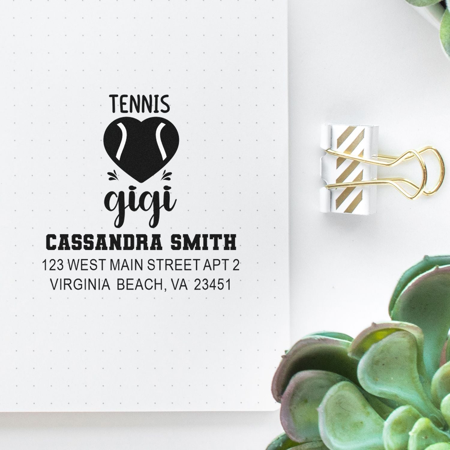 Personalized tennis gigi return address rubber stamp for stationery, planners, and mail.