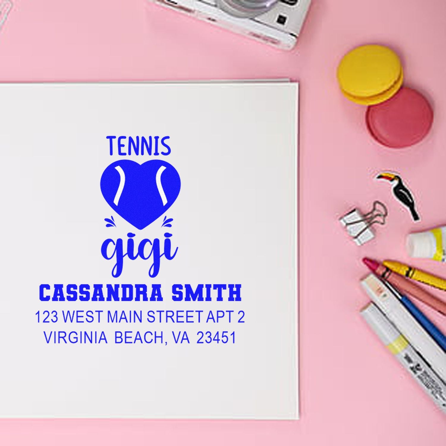 Custom tennis address rubber stamp with heart design, personalized with Cassandra Smith and Virginia Beach address.
