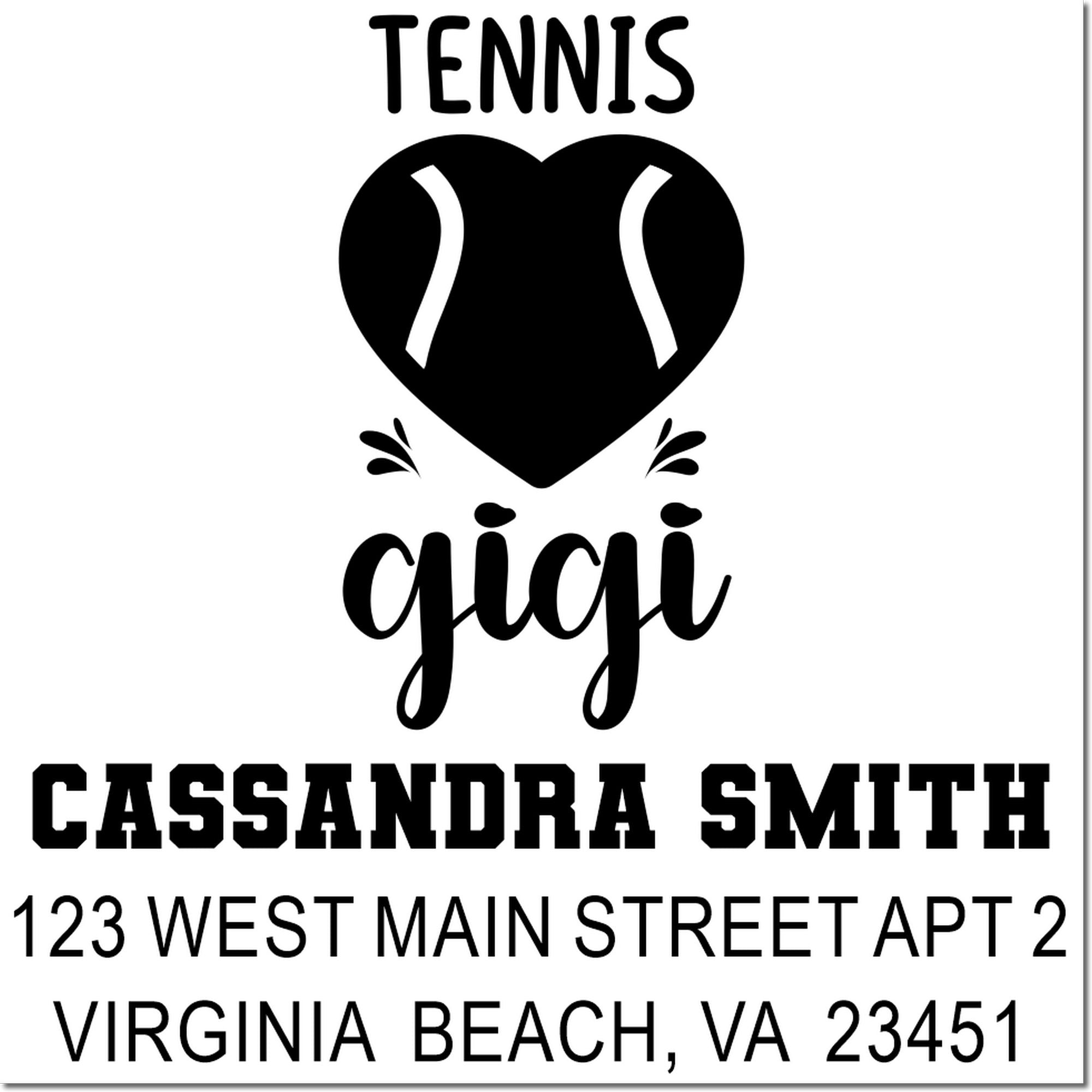 Custom tennis return address rubber stamp with heart, Cassandra Smith, and Virginia Beach, VA address.
