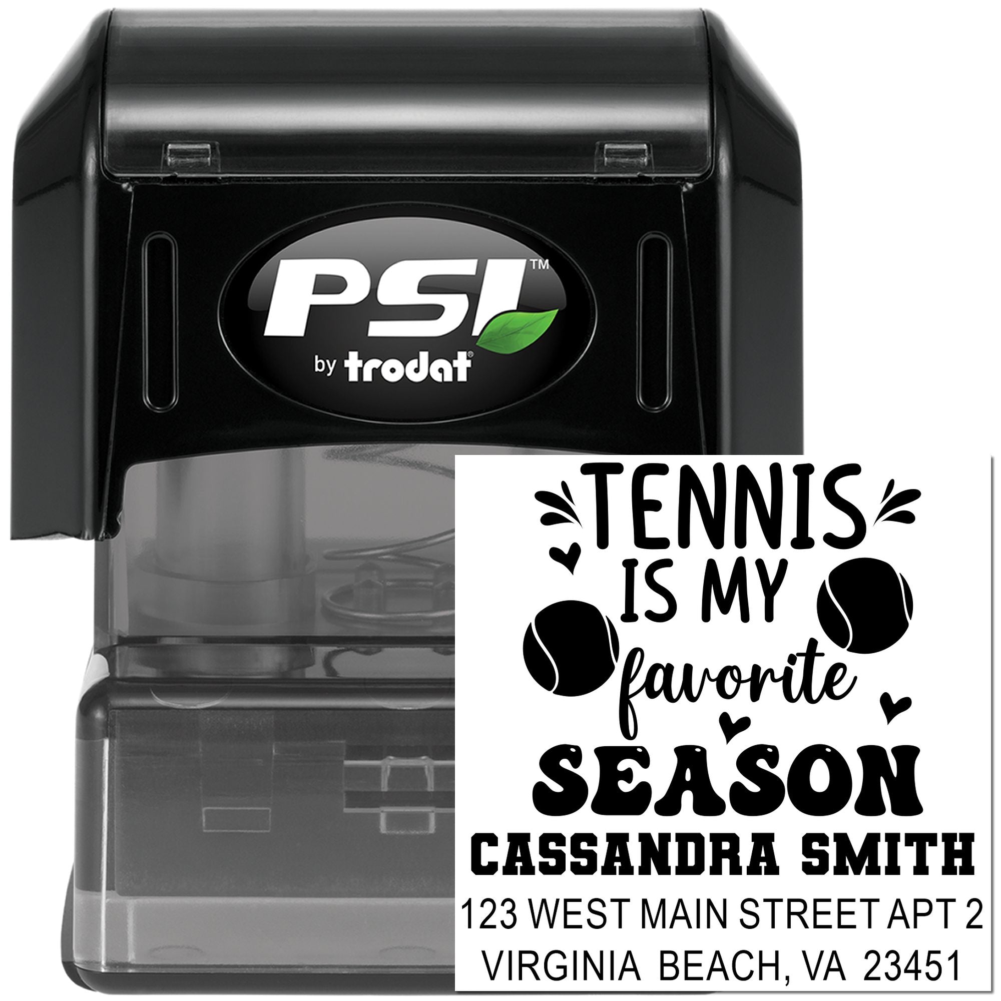 Custom self-inking tennis address stamp by PSI Trodat with personalized name, address, and Tennis is my favorite season design.