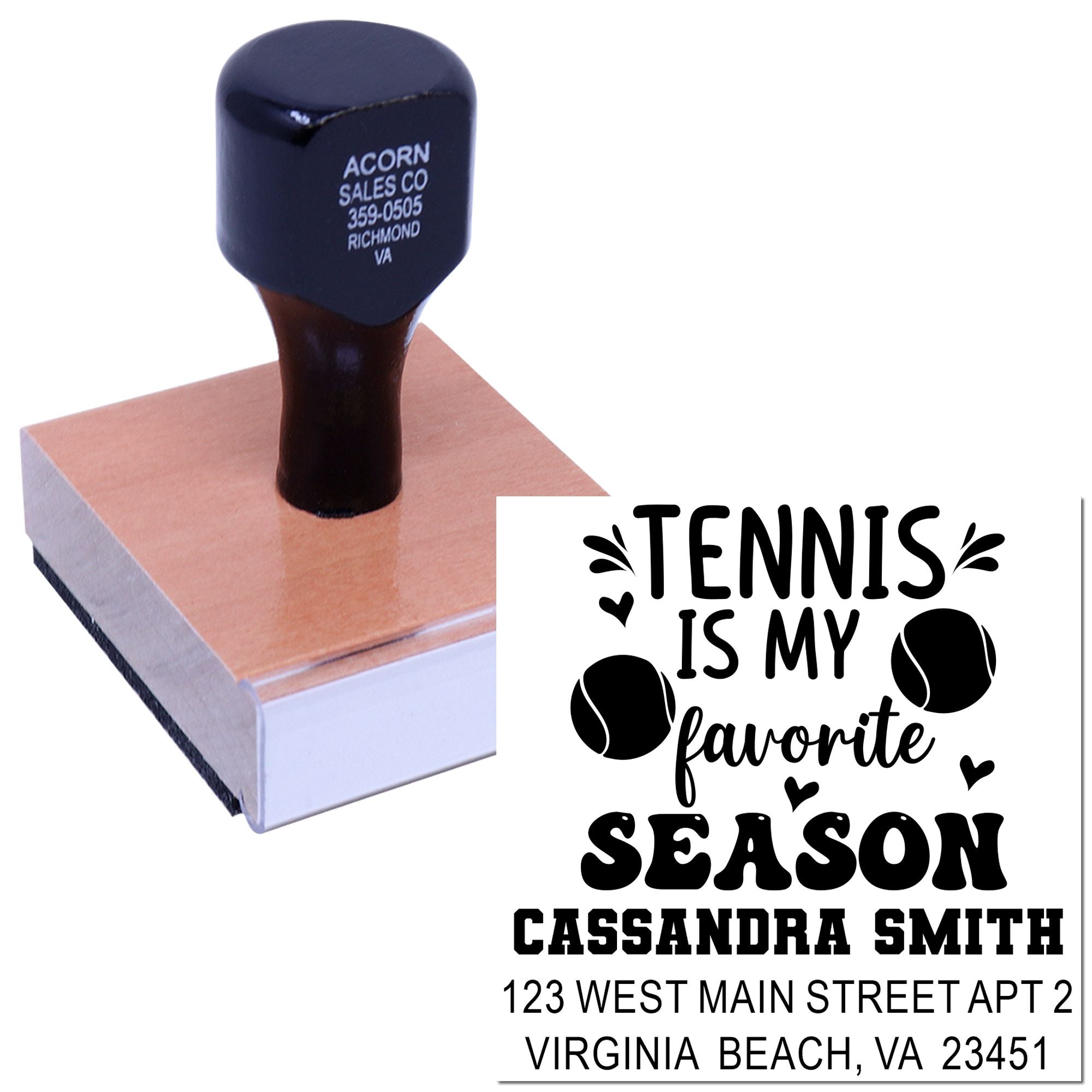 Custom tennis rubber stamp with personalized name and address, featuring Tennis Is My Favorite Season design for card making.