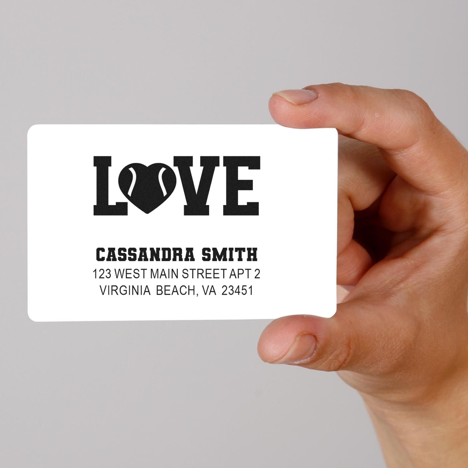 Custom rubber stamp with LOVE tennis ball heart design and personalized return address for tennis players.