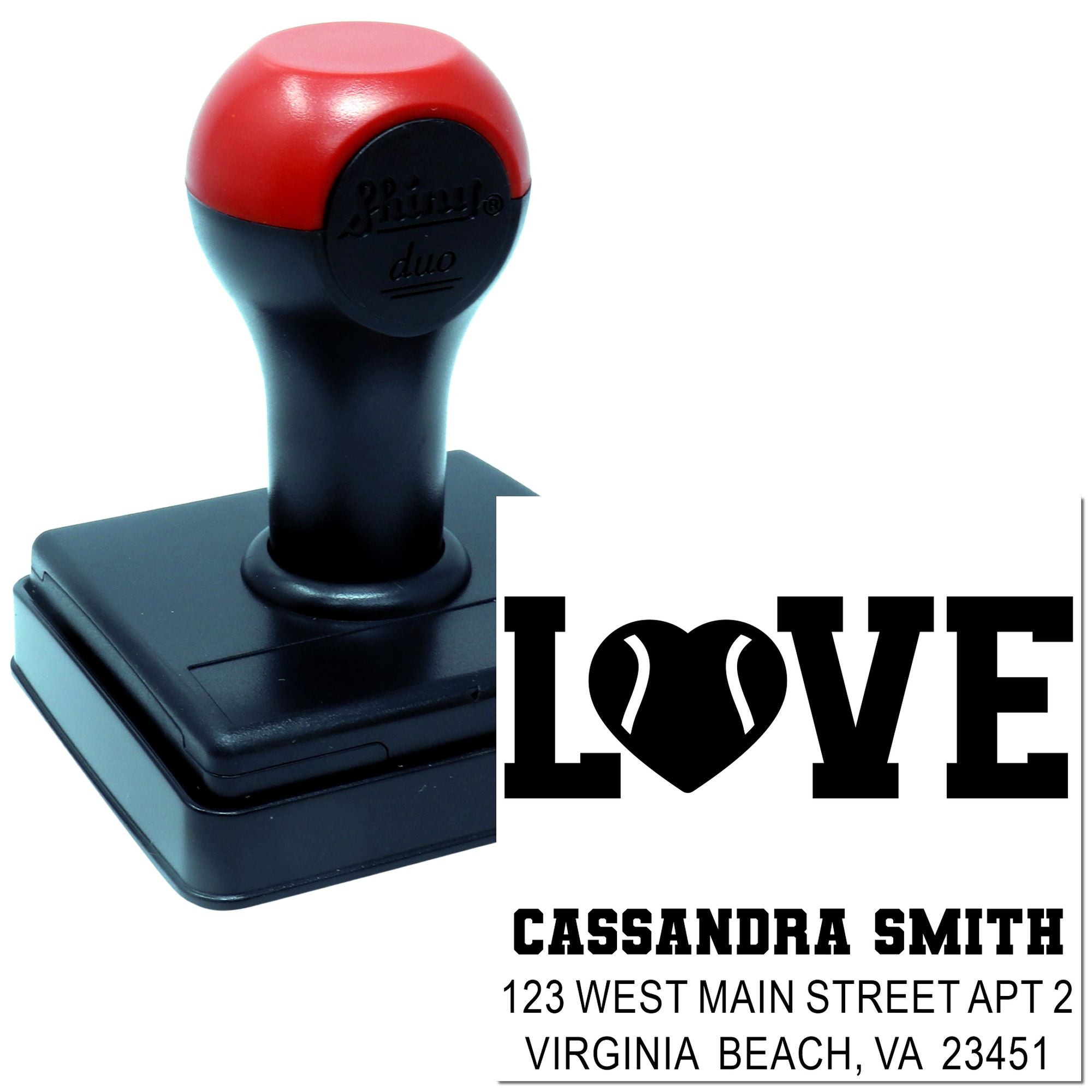 Custom self-inking rubber stamp with LOVE design and personalized name and address for mailing labels and wedding stationery.