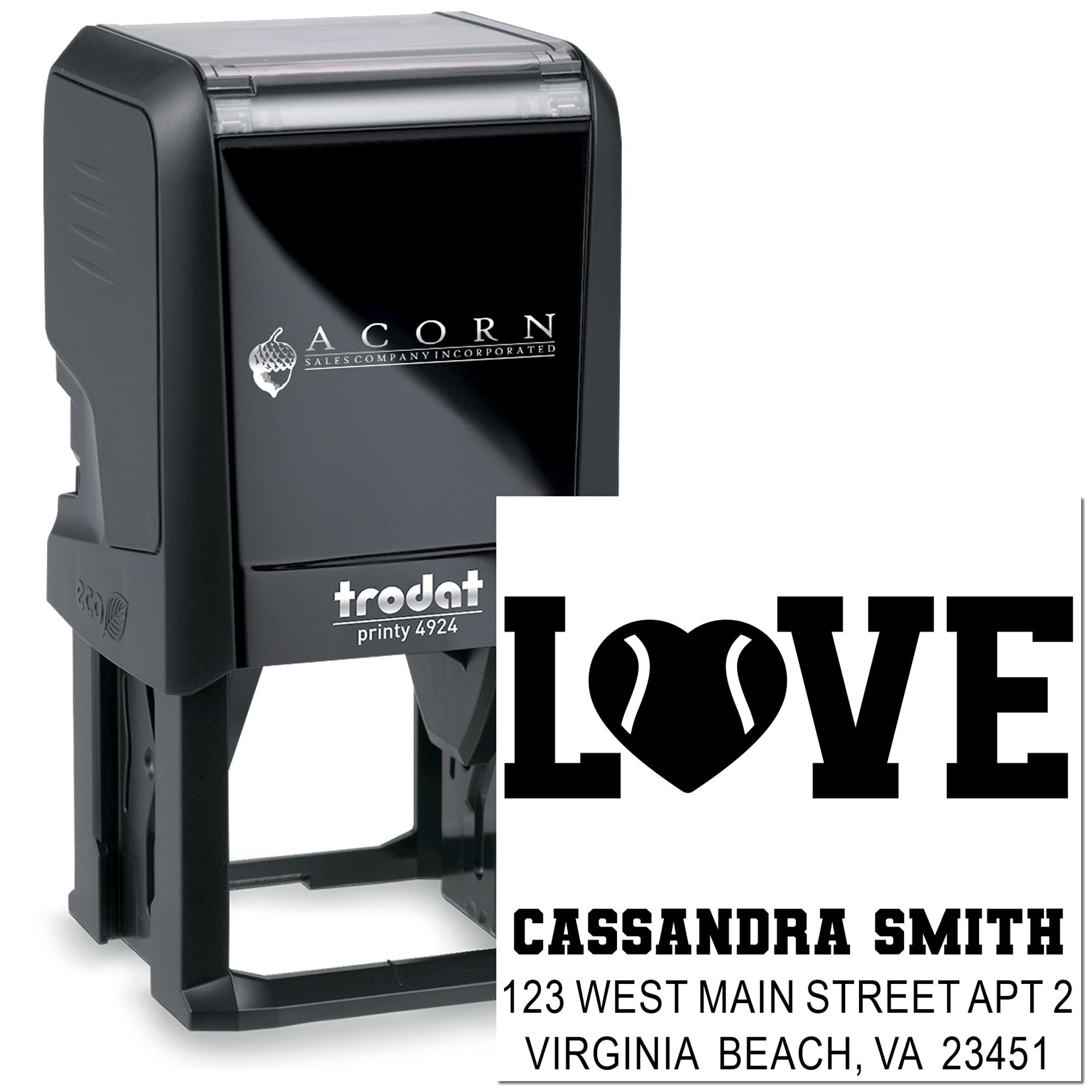 Custom self-inking rubber stamp with LOVE address imprint, ideal for personalized return address and business stamping.