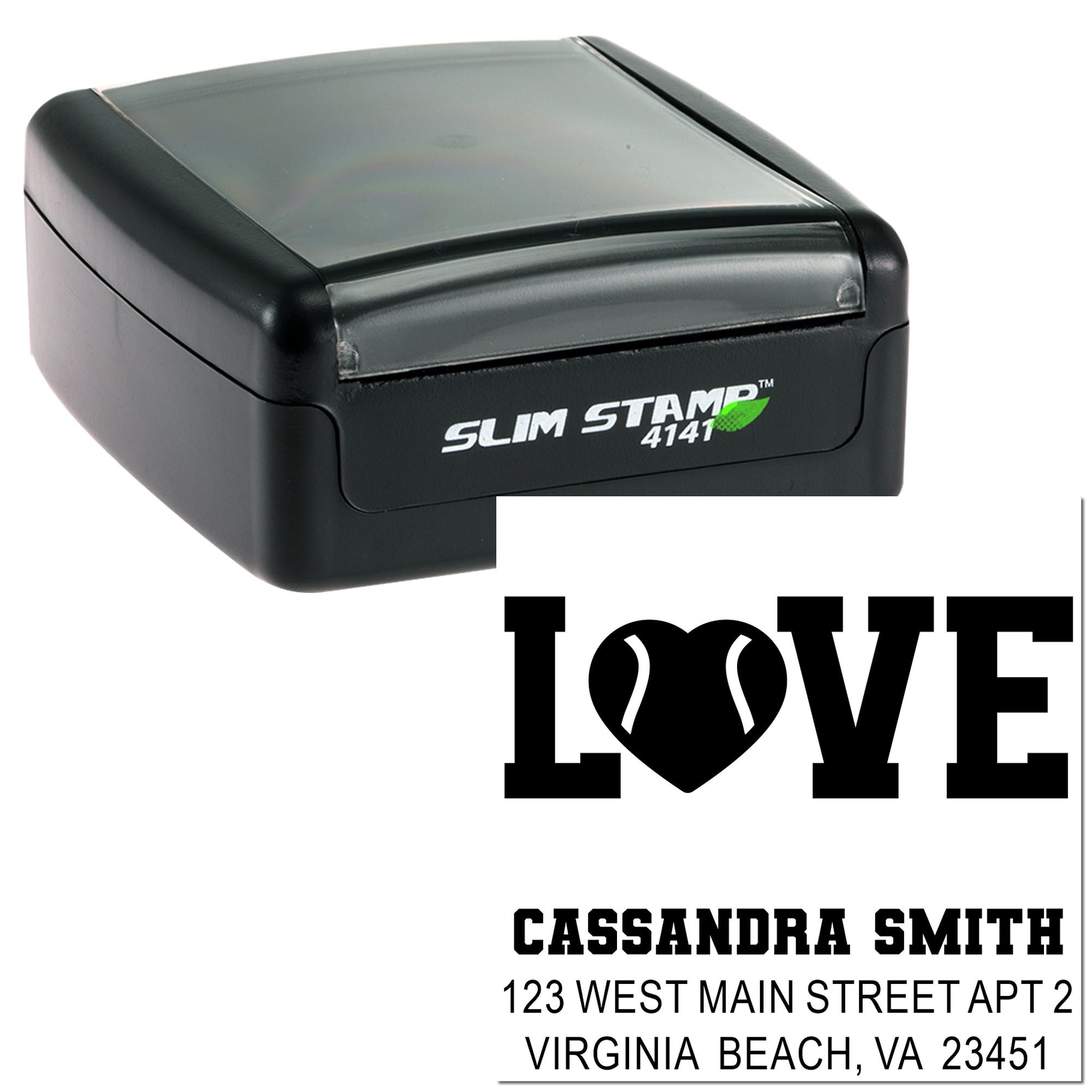 Personalized self-inking rubber stamp with love design and return address for custom mailing labels.