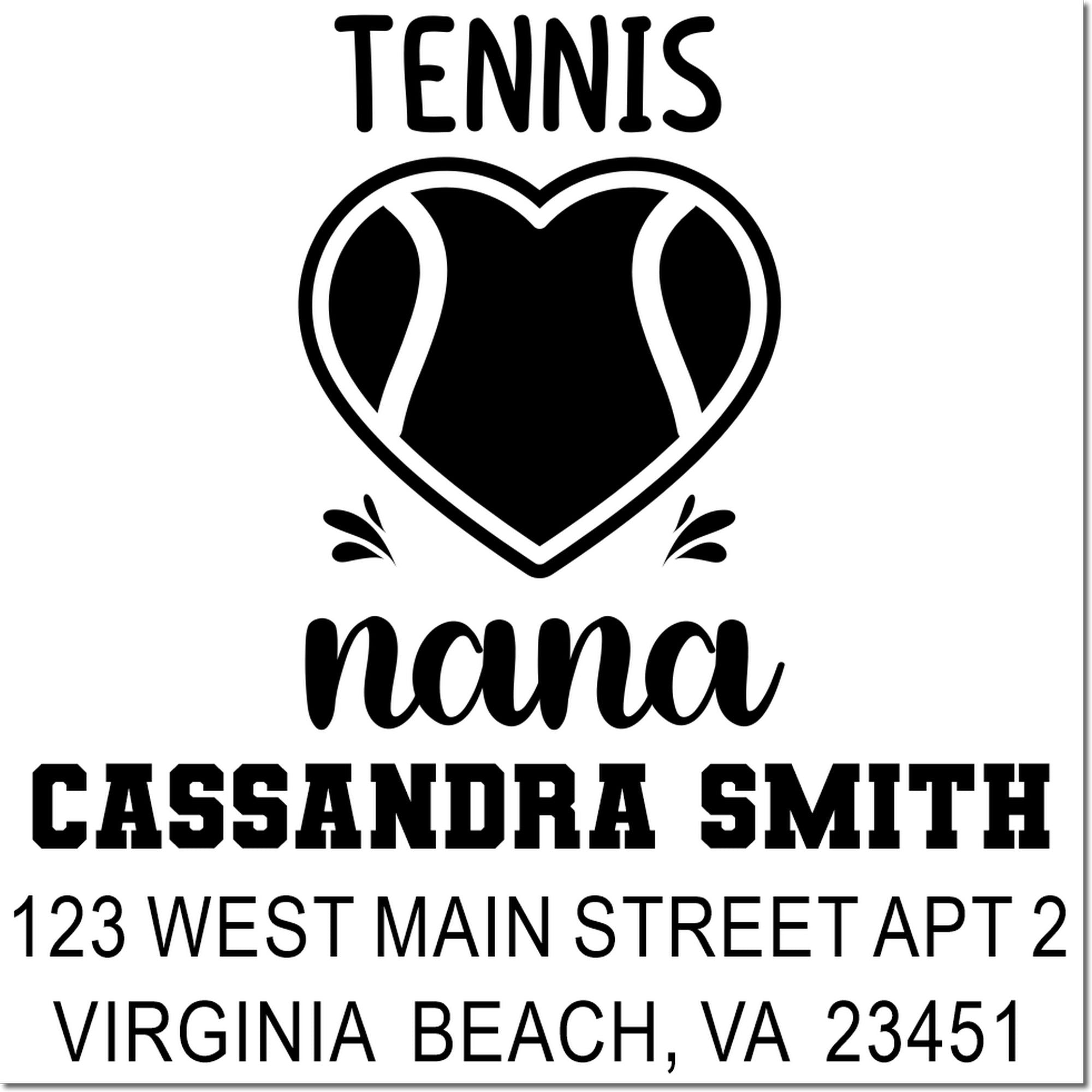Custom tennis nana return address rubber stamp for Cassandra Smith, Virginia Beach, VA 23451.