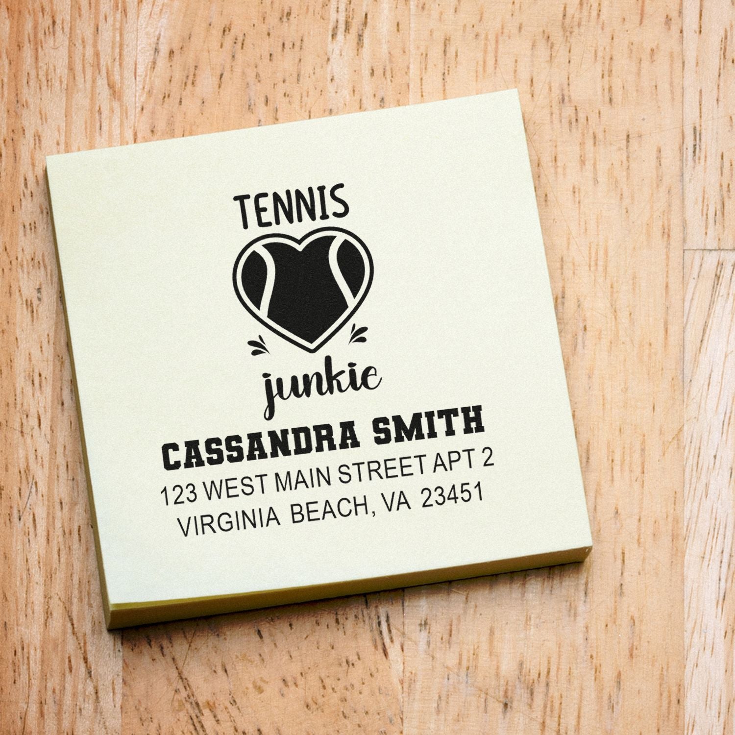 Personalized tennis junkie address rubber stamp with name and mailing address for custom stationery and sports fans