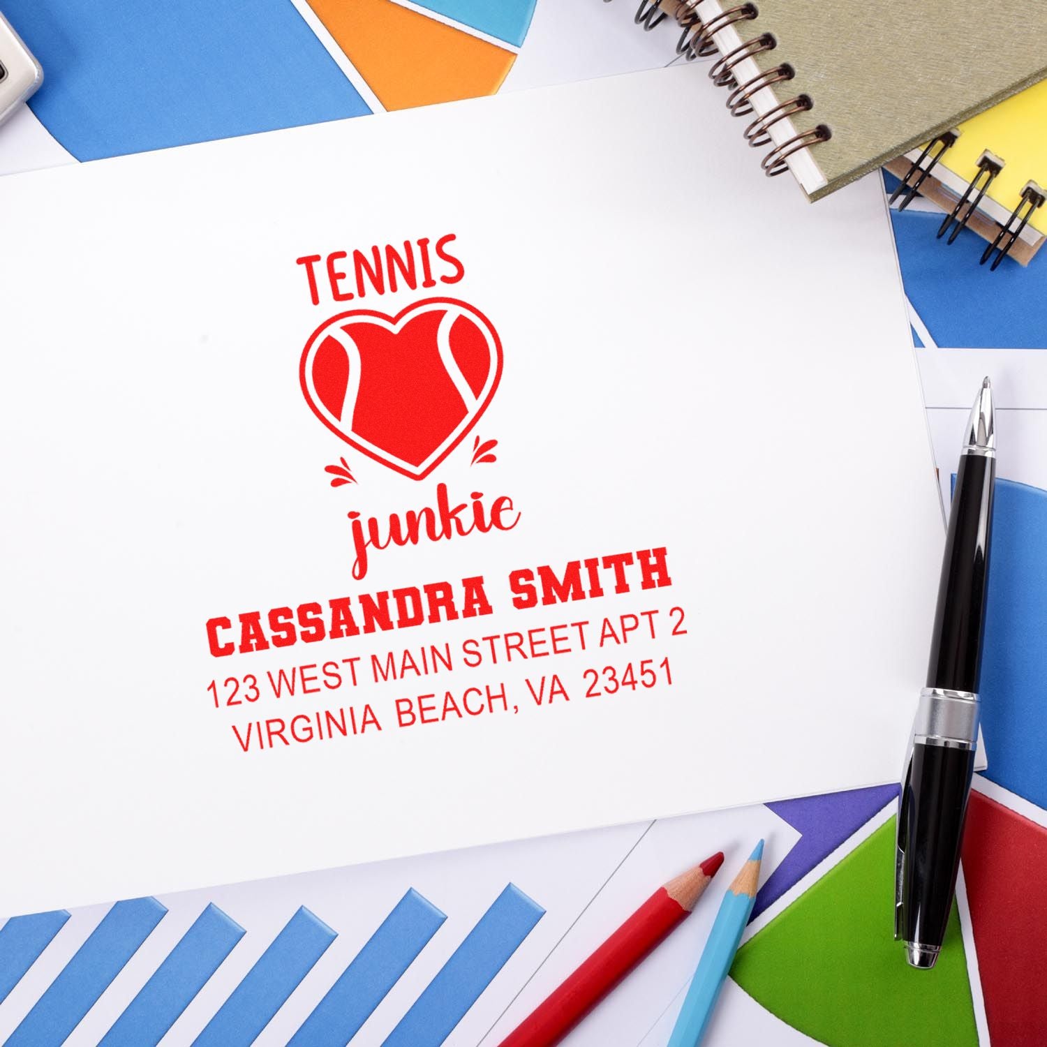 Personalized tennis junkie address stamp with heart tennis ball design, custom rubber stamp for stationery and correspondence.