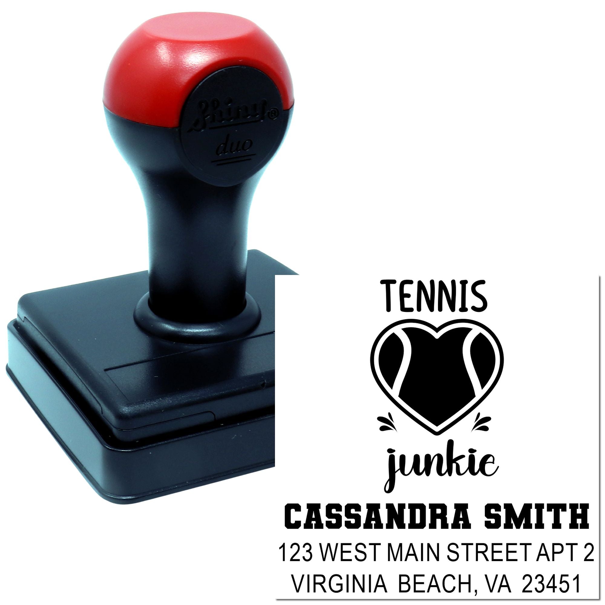 Custom self-inking address stamp for tennis lovers with personalized name, heart design, and return address imprint.