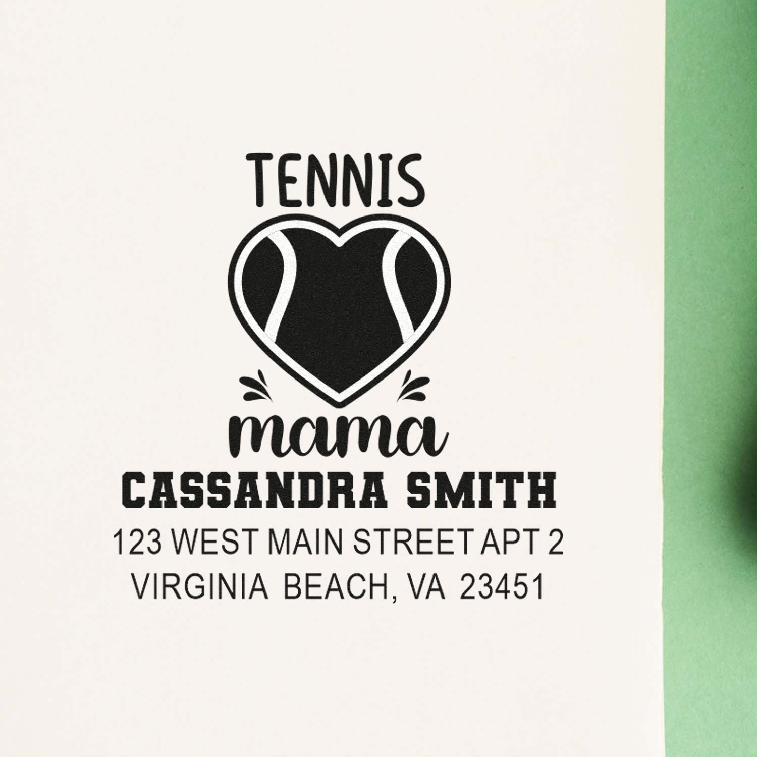 Personalized tennis mama address stamp with heart design, Cassandra Smith name and Virginia Beach, VA address for stationery.