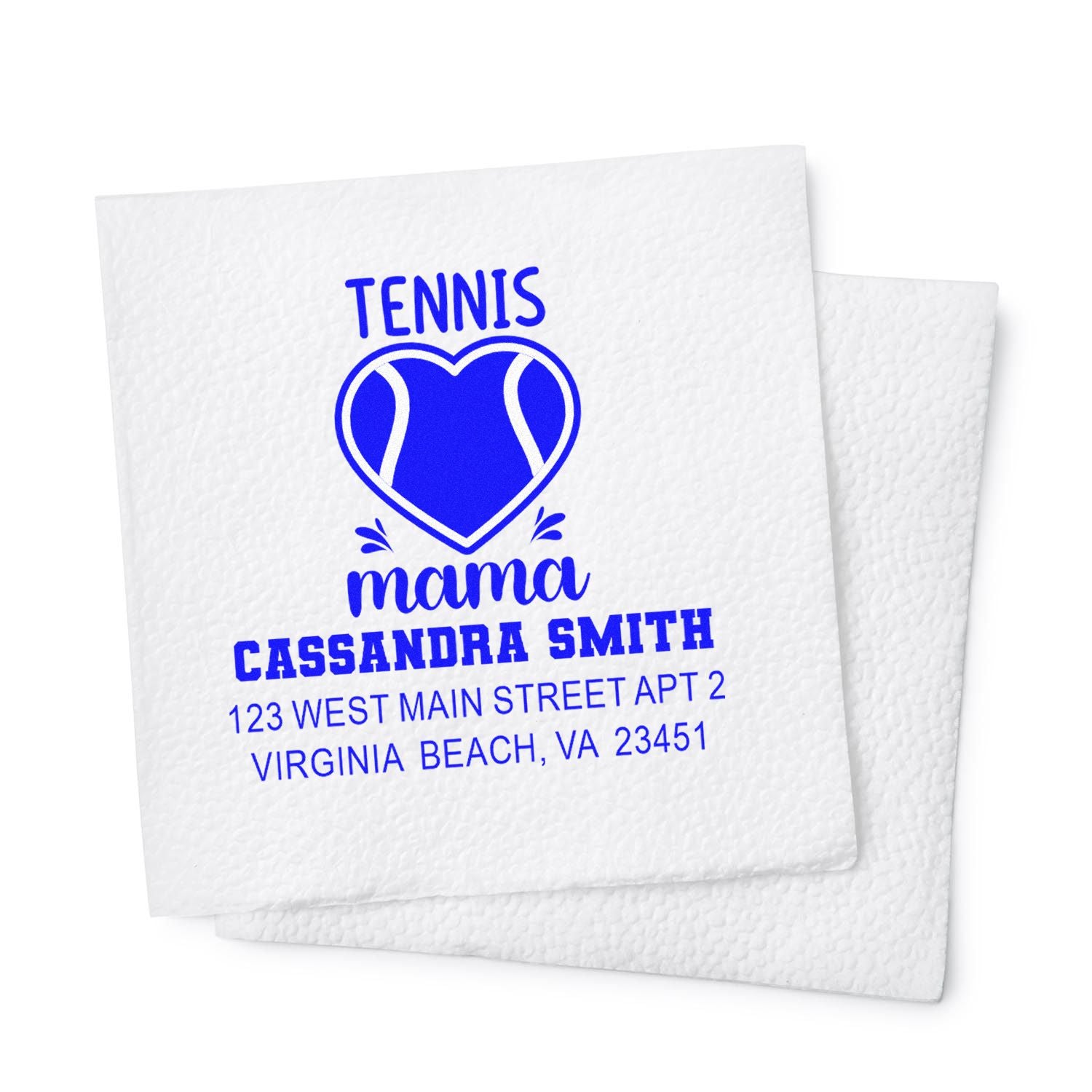 Personalized tennis mama address stamp with heart tennis ball design for custom envelope and return address stamping.