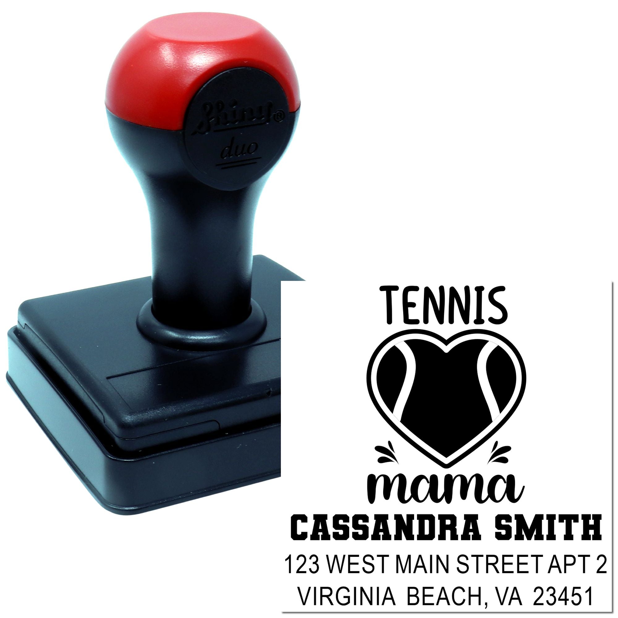 Custom tennis mom self-inking rubber stamp with name, address, and heart tennis design for mailing and return address use.
