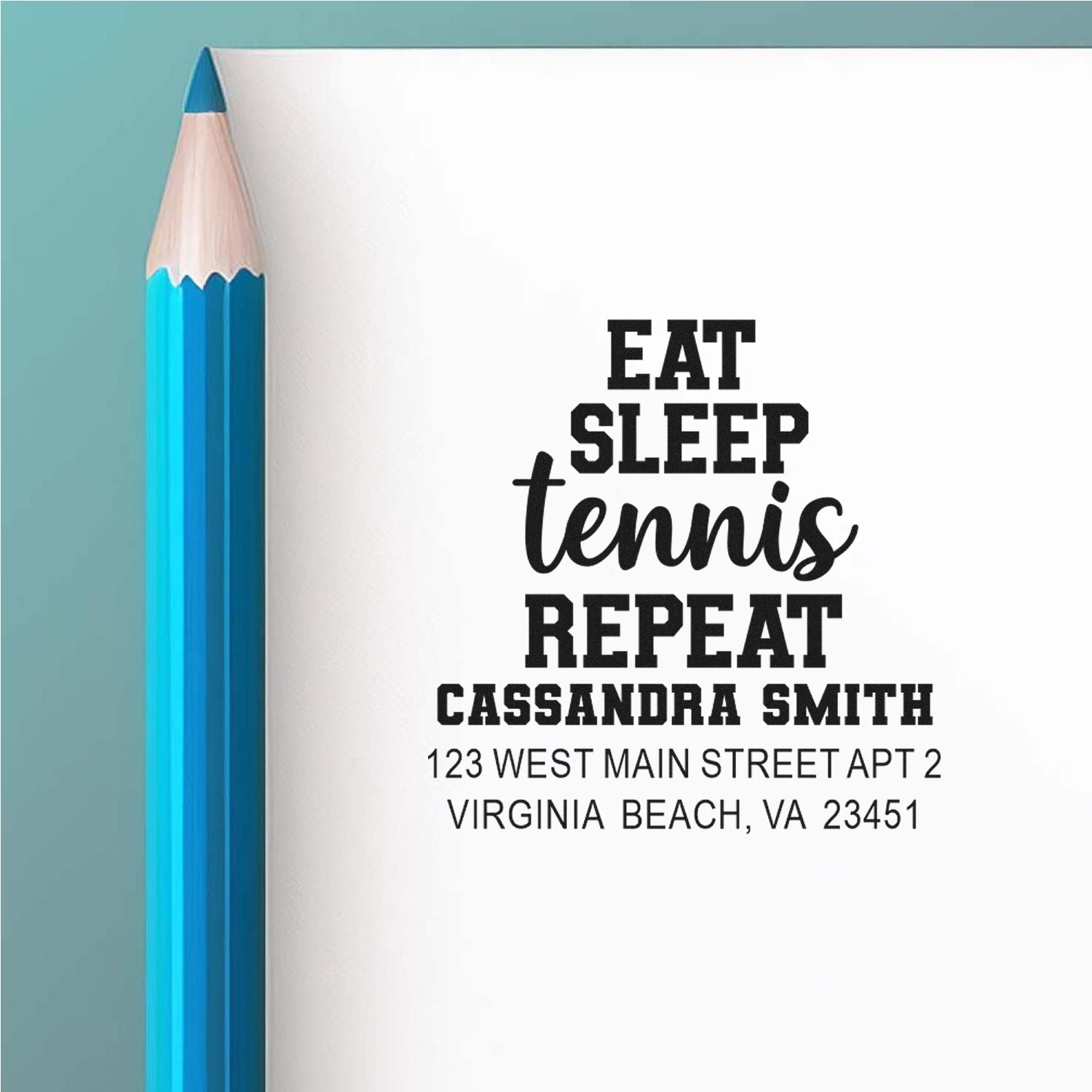 Custom tennis address rubber stamp with Eat Sleep Tennis Repeat for Cassandra Smith, Virginia Beach mailing and branding.