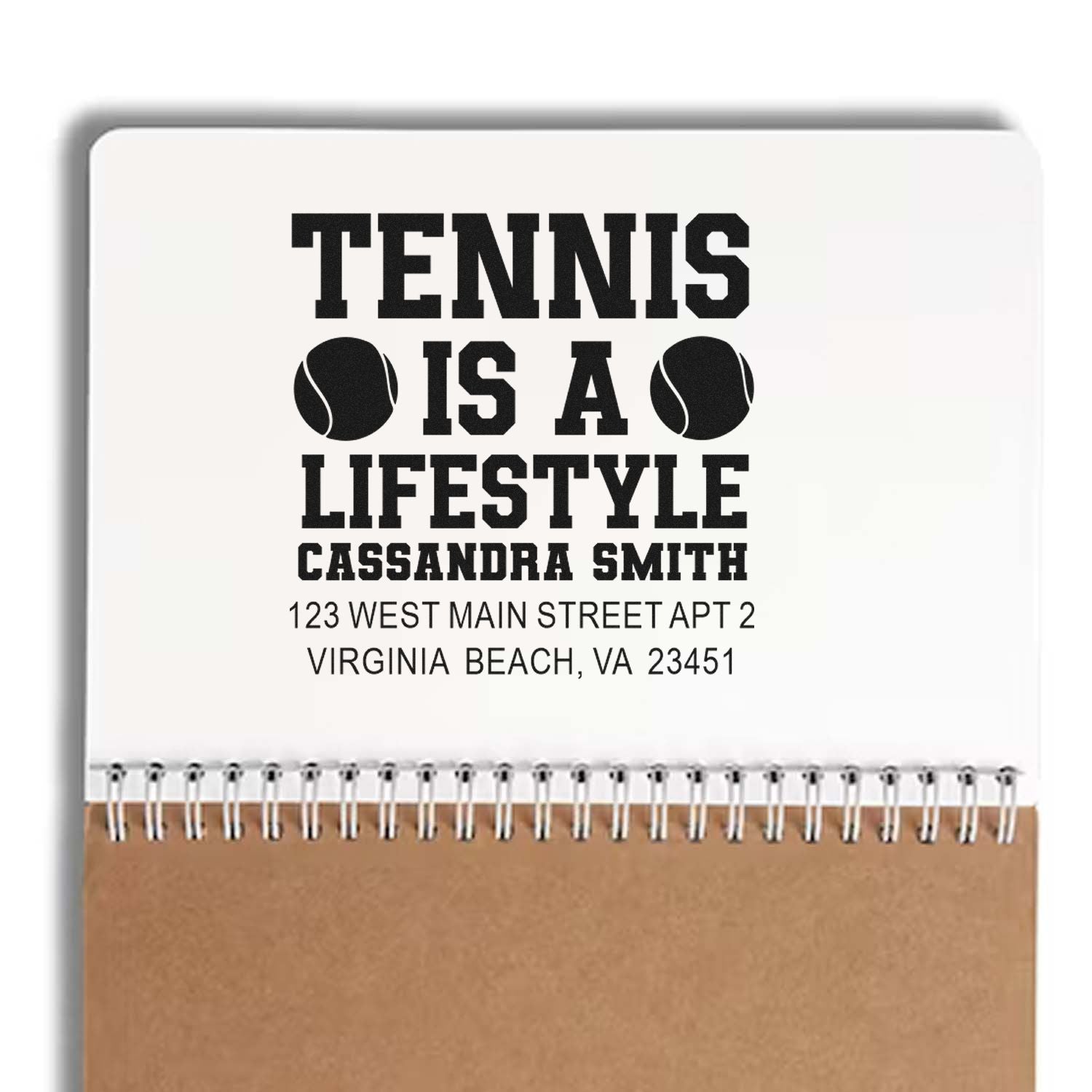 Personalized tennis lifestyle rubber stamp with name and address for custom stationery and mailing.