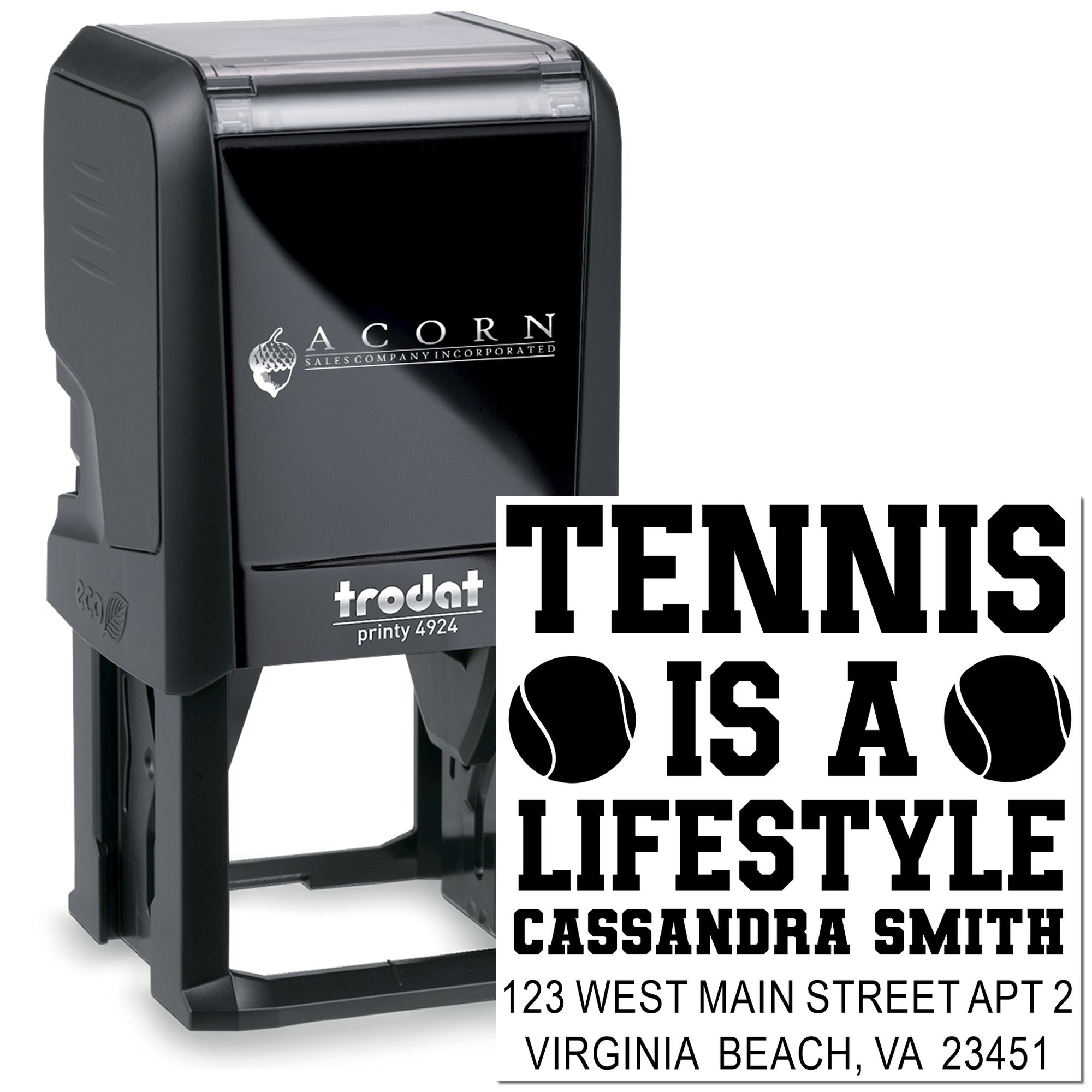 Custom self-inking rubber stamp for tennis lovers with Tennis Is a Lifestyle message and personalized name/address.