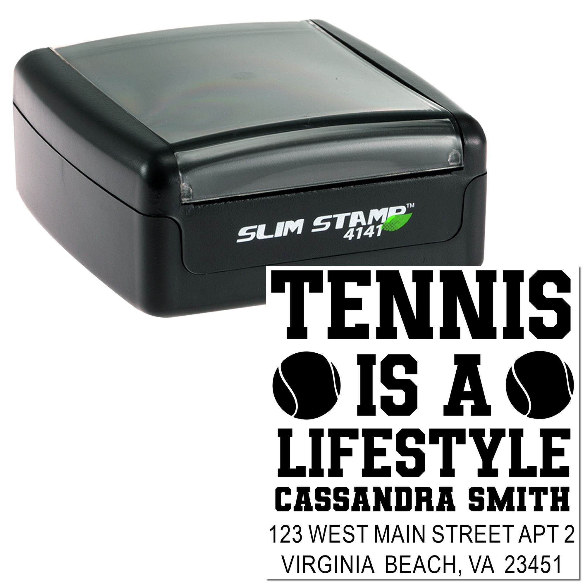Slim Stamp 4141 self-inking rubber stamp with custom tennis lifestyle return address design, name, and address imprint.