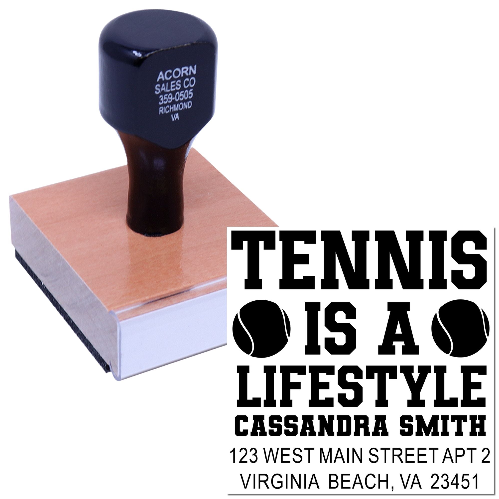 Custom tennis address rubber stamp with personalized name and Virginia Beach mailing details for sporty stationery.
