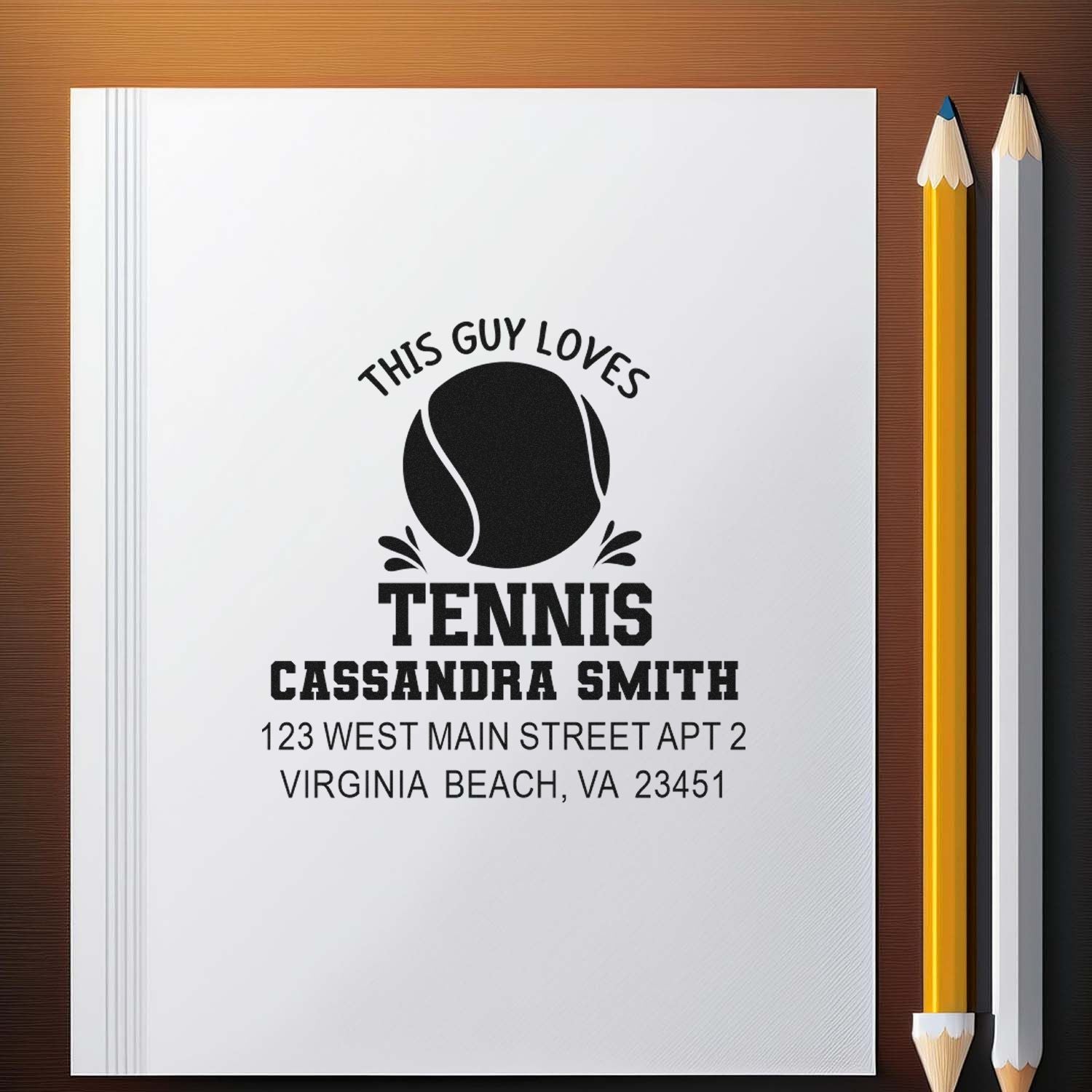 Custom tennis return address rubber stamp with This Guy Loves Tennis, personalized name, and mailing address.