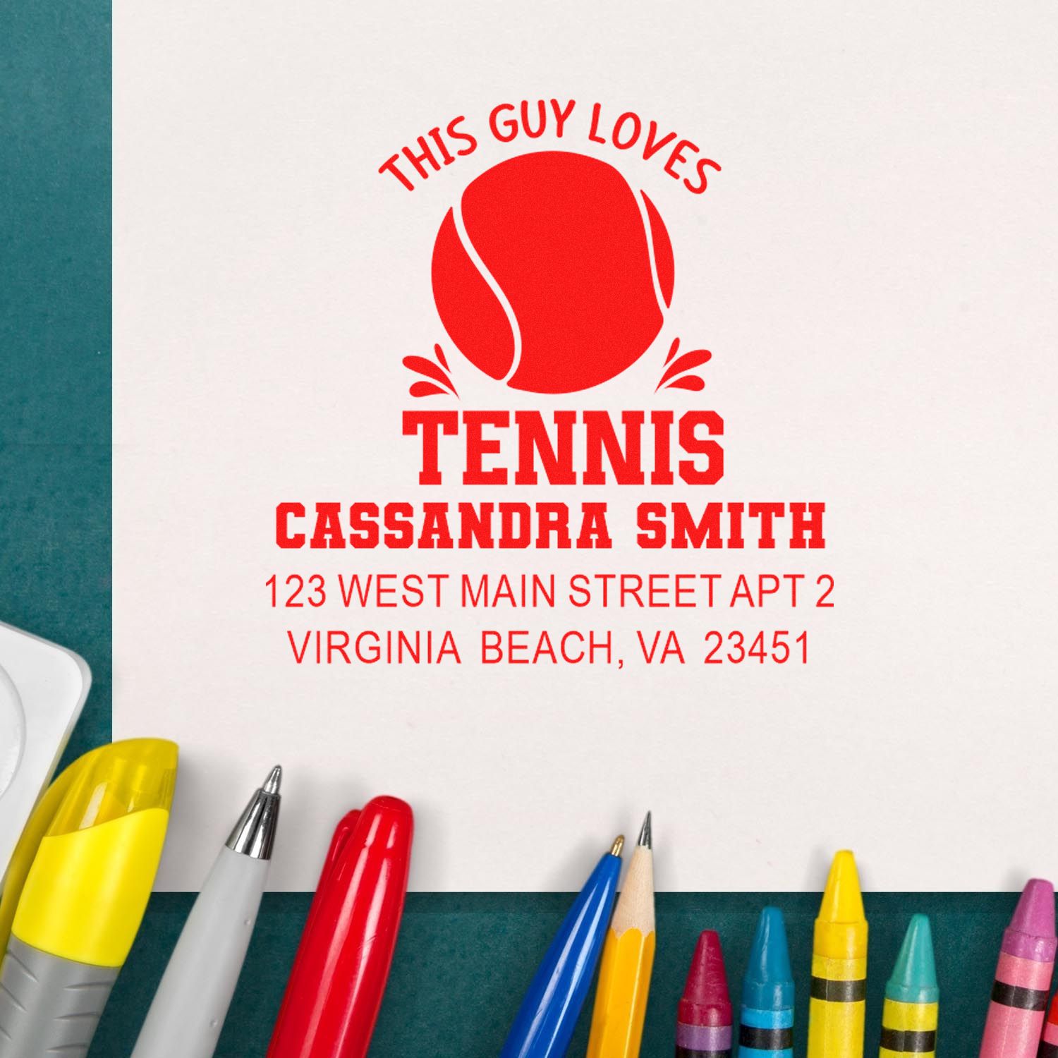 Custom tennis rubber stamp with personalized name and address for Cassandra Smith, featuring This Guy Loves Tennis design.
