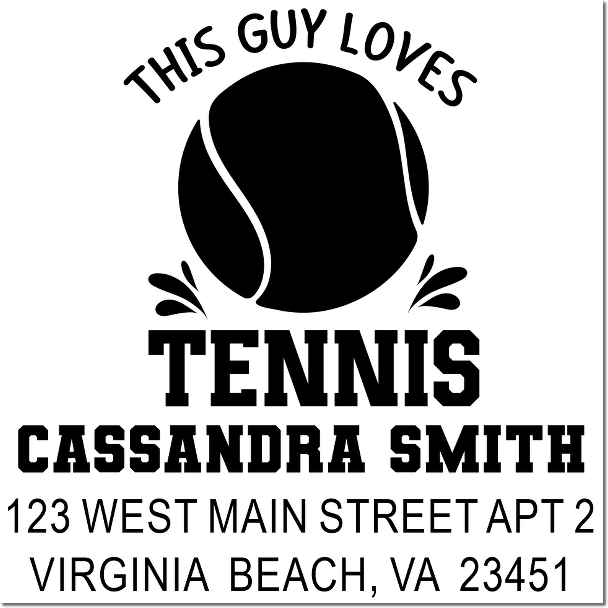 Personalized tennis address stamp with tennis ball graphic, Cassandra Smith name, and Virginia Beach, VA address.