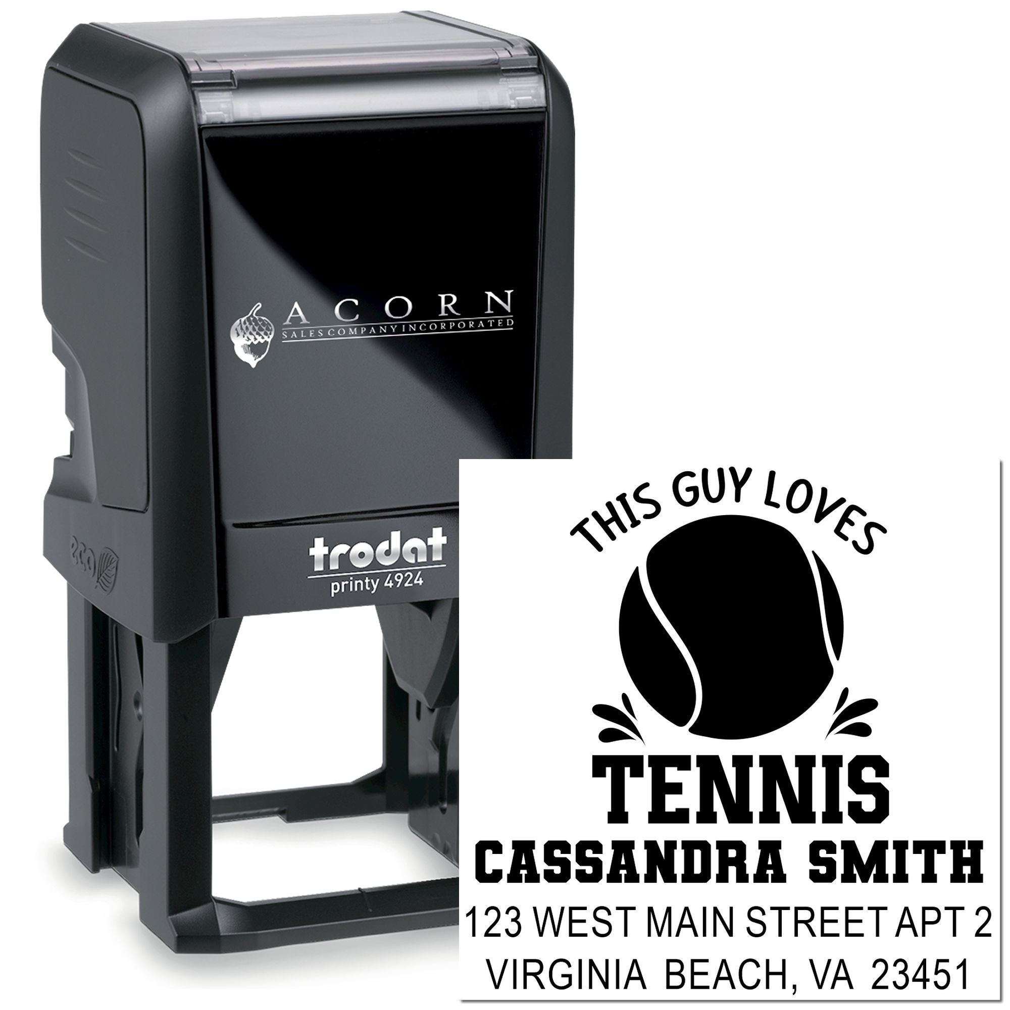 Custom self-inking tennis rubber stamp with name and address, ideal for personalized sports stationery and mailings.