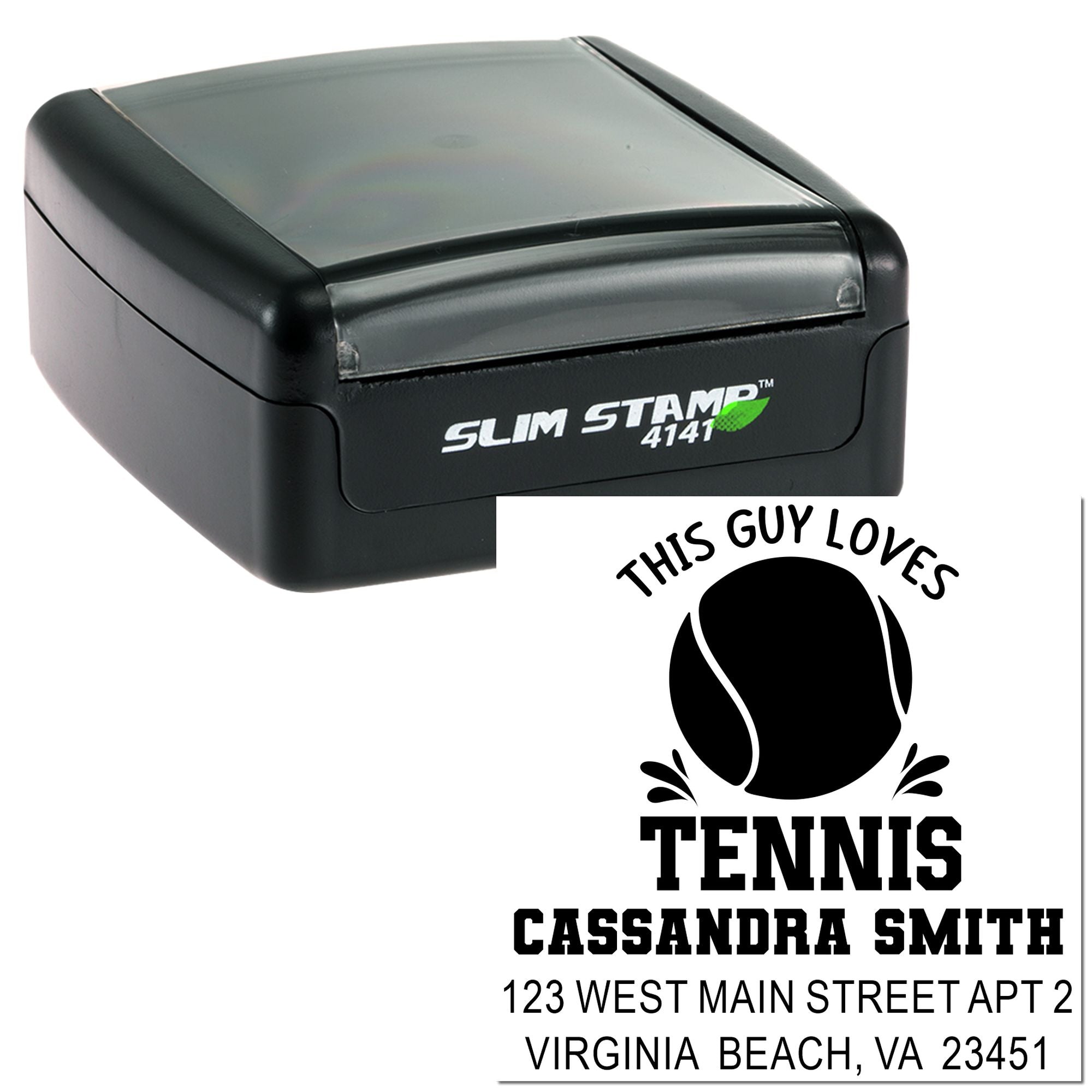 Custom self-inking tennis address rubber stamp for personalized mailing and stationery.