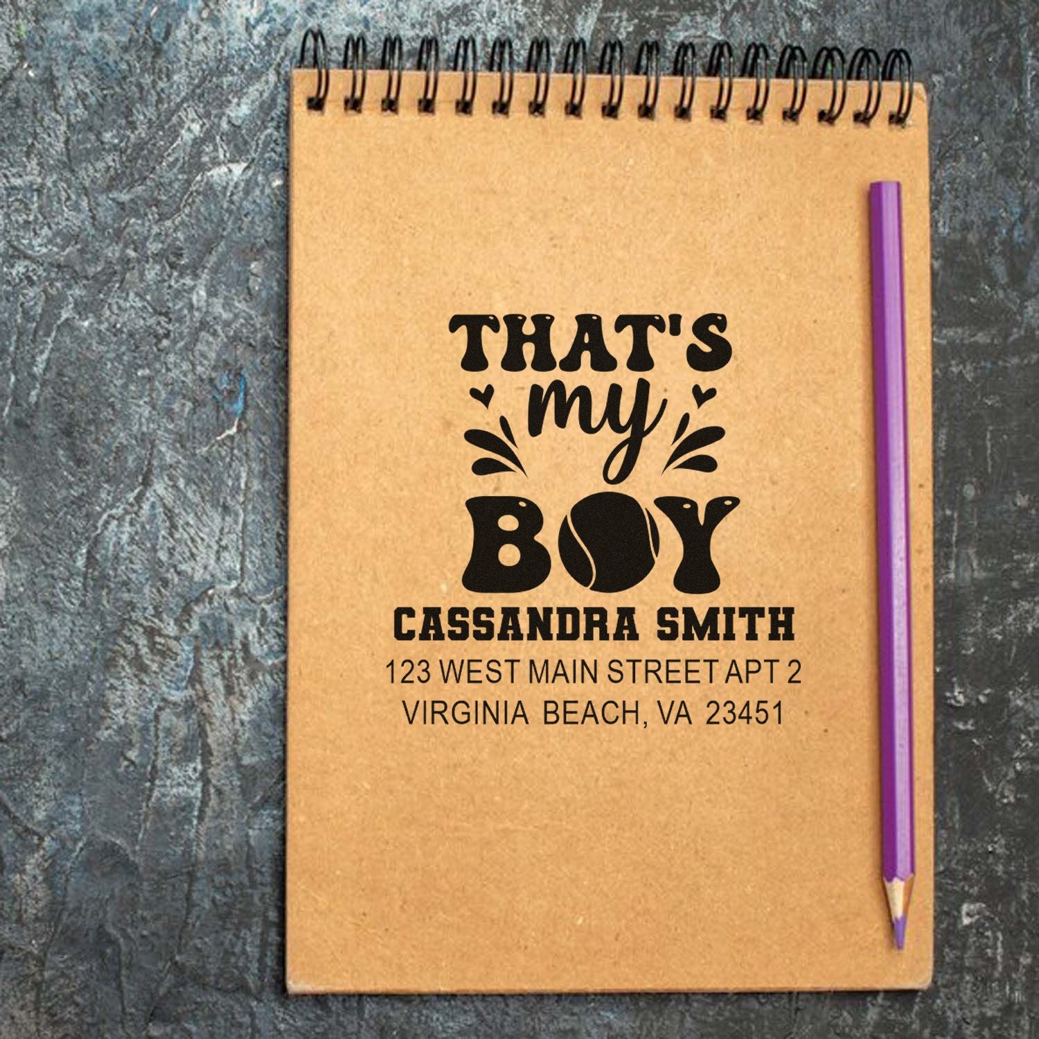 Custom rubber address stamp with Thats My Boy design for personalized stationery, gifts, and home use.