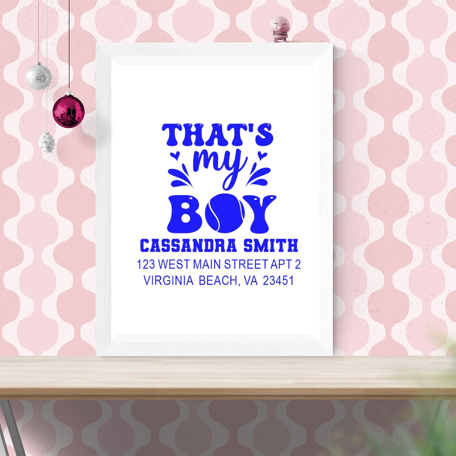 Personalized rubber stamp design for baby boy with address, featuring Thats My Boy in blue.