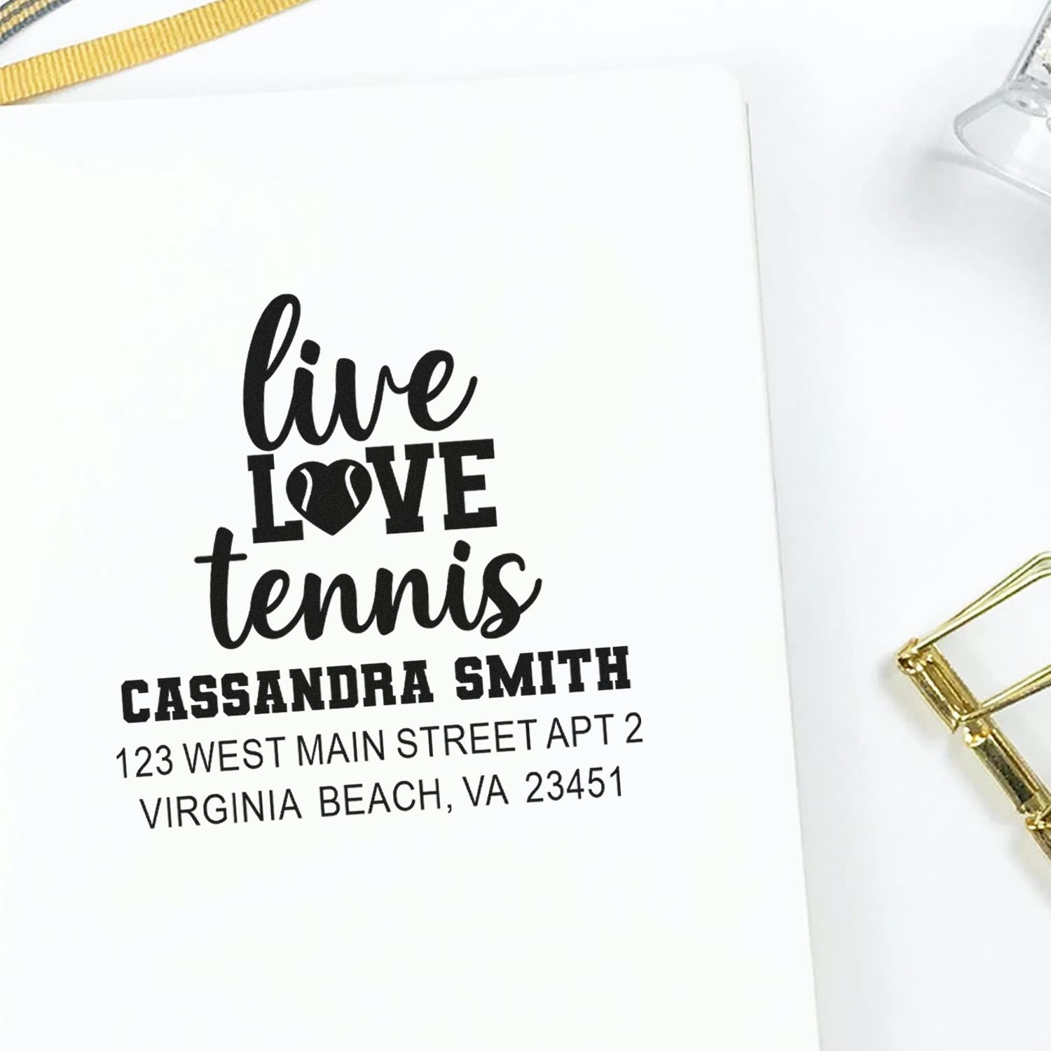 Personalized live love tennis return address rubber stamp with name and address for custom stationery and mailing labels