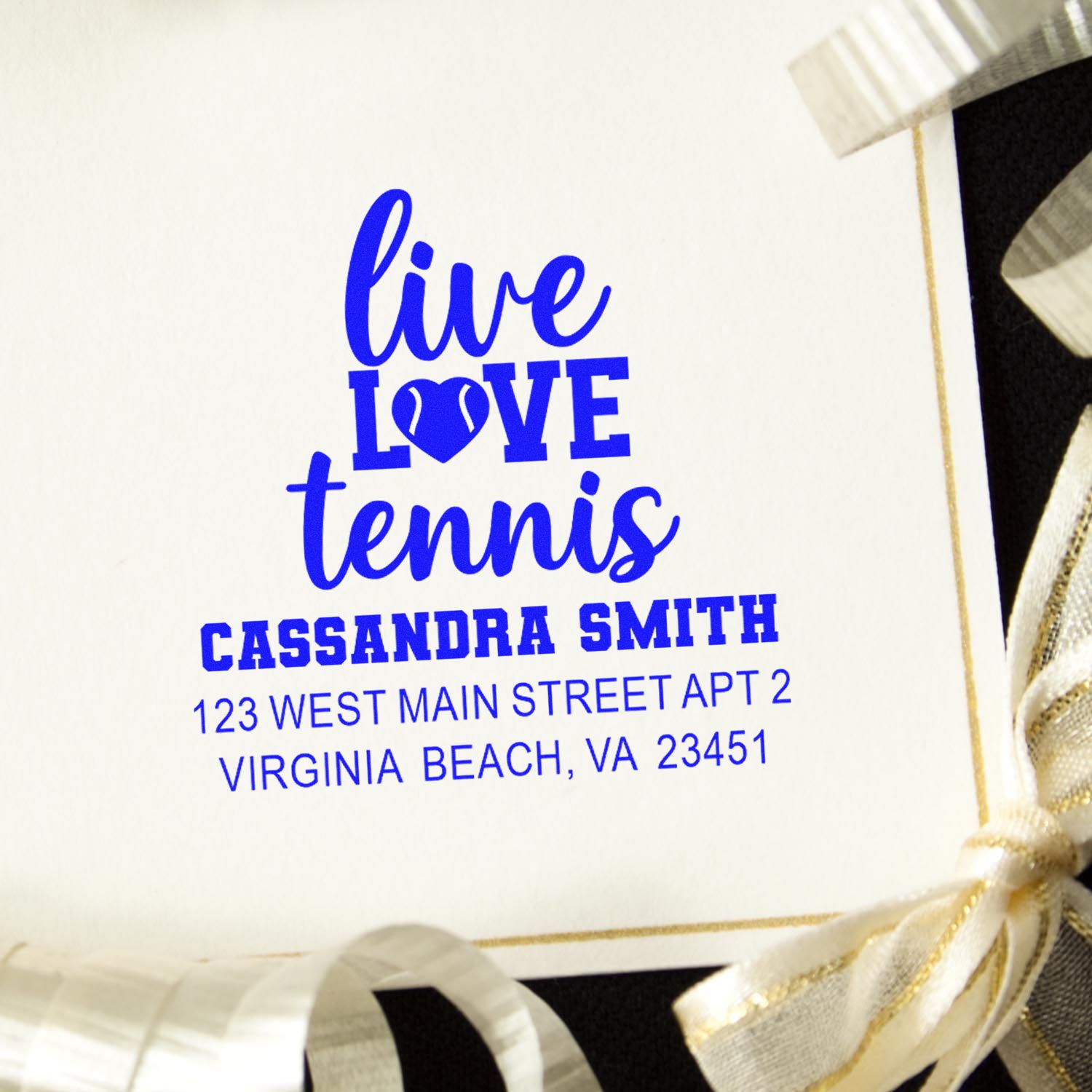 Personalized tennis lover address stamp with live love tennis design and Virginia Beach, VA address