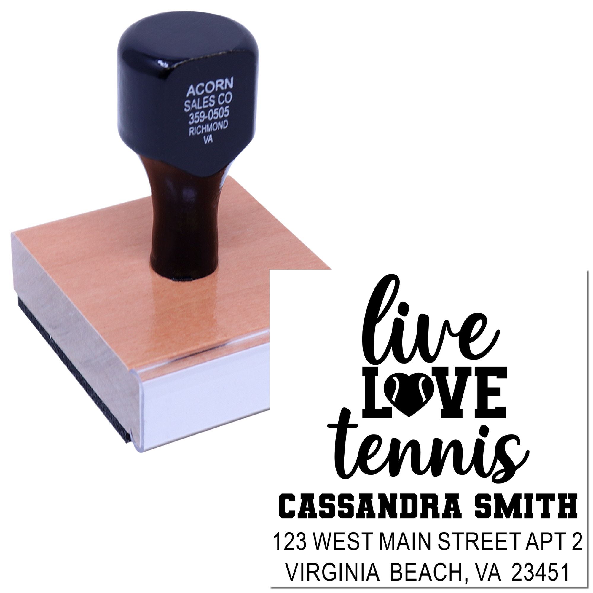 Custom self-inking rubber address stamp with Live Love Tennis design for personalized mailing and tennis-themed stationery.