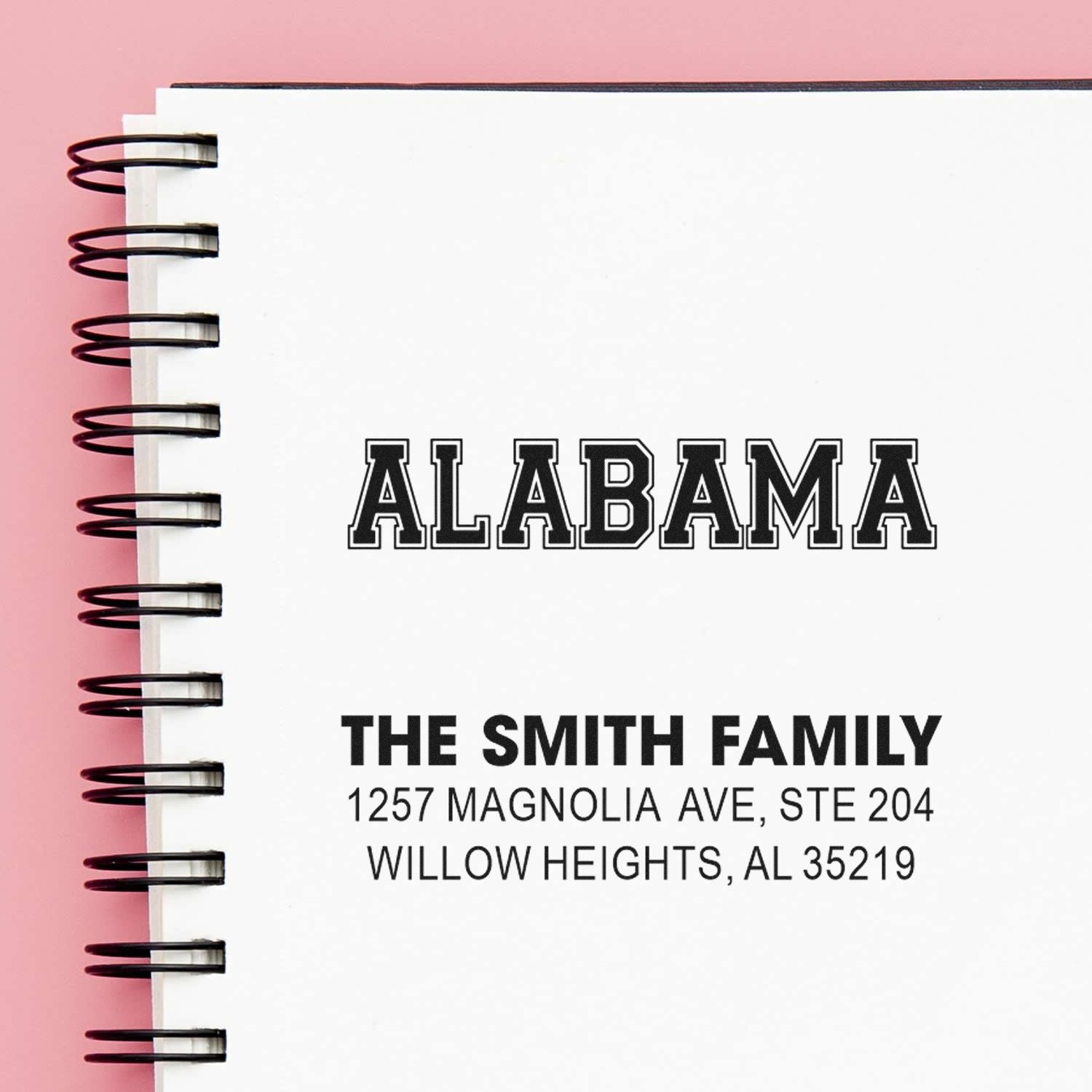 Custom Alabama return address rubber stamp for The Smith Family with personalized mailing address.
