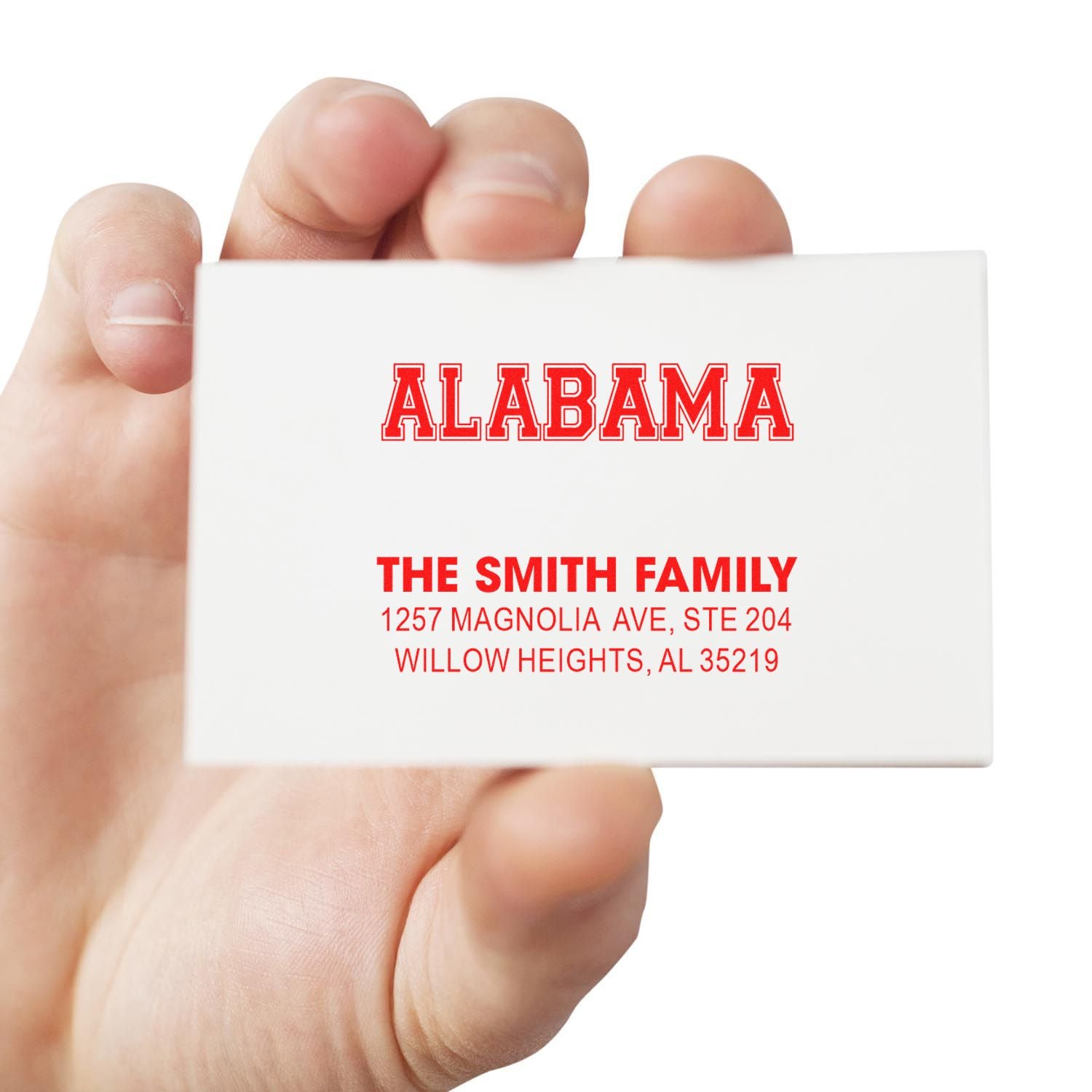 Custom Alabama return address rubber stamp for The Smith Family, perfect for envelopes, stationery, and mailings.