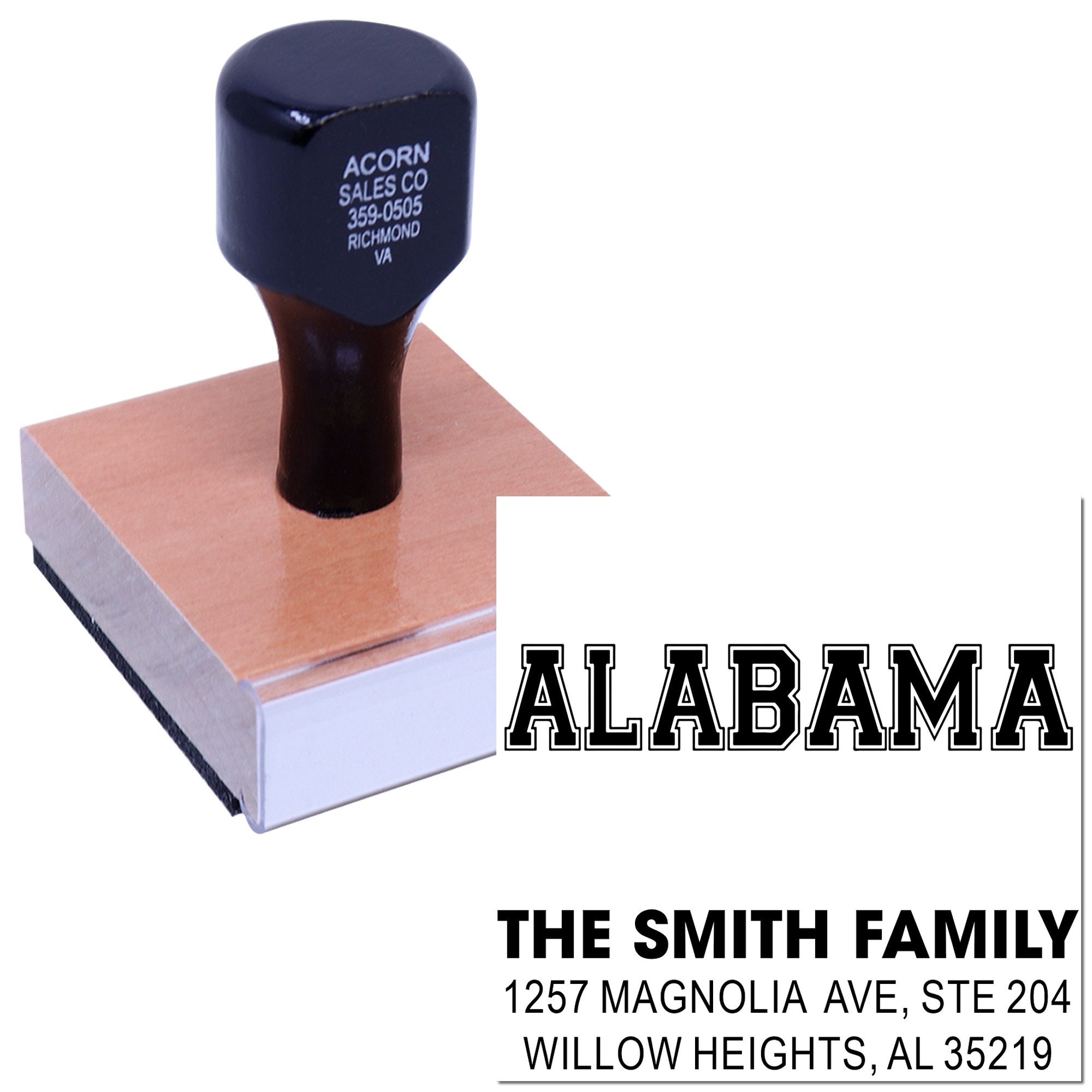 Custom Alabama return address rubber stamp for The Smith Family, perfect for mailing envelopes, invitations, and home office use.