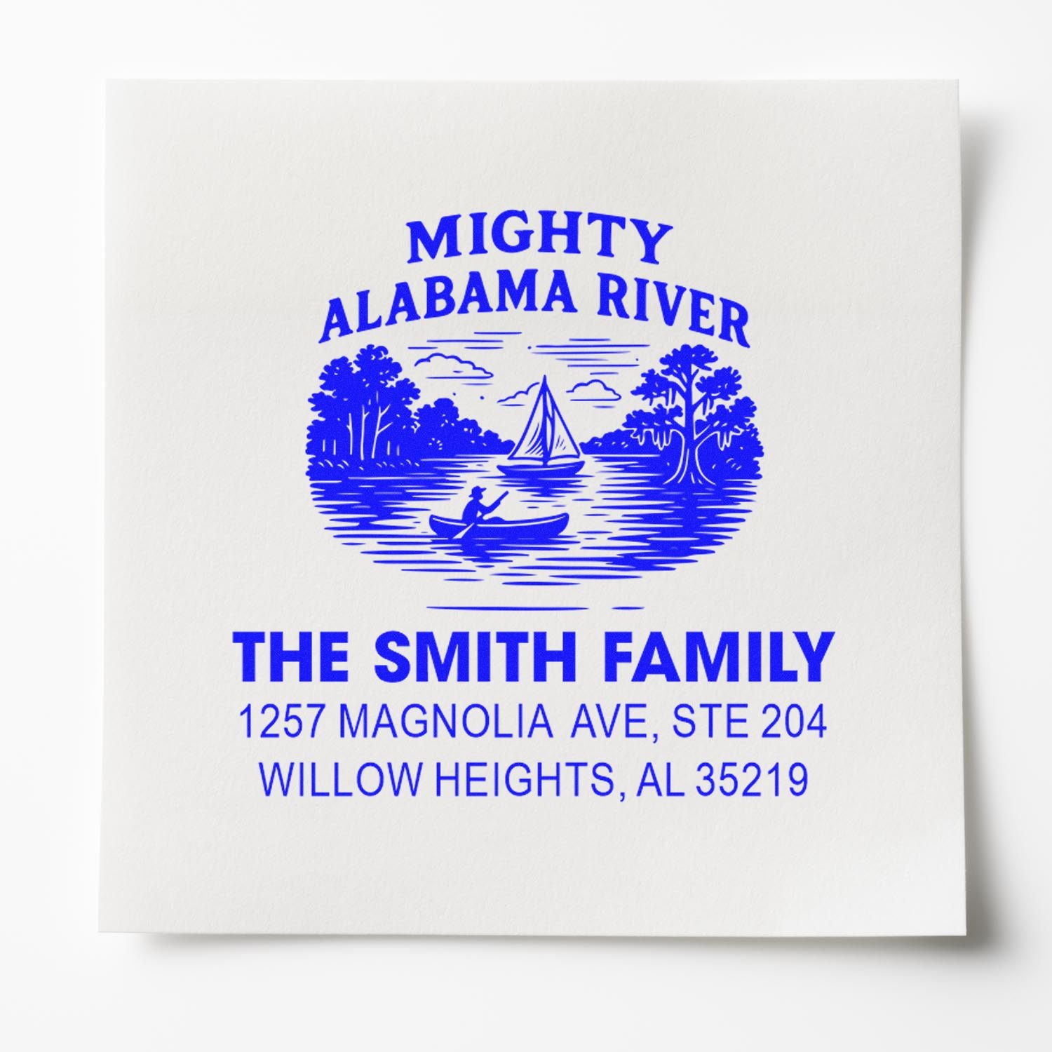 Custom rubber stamp with Mighty Alabama River design, The Smith Family name, and address for personalized return mailings.