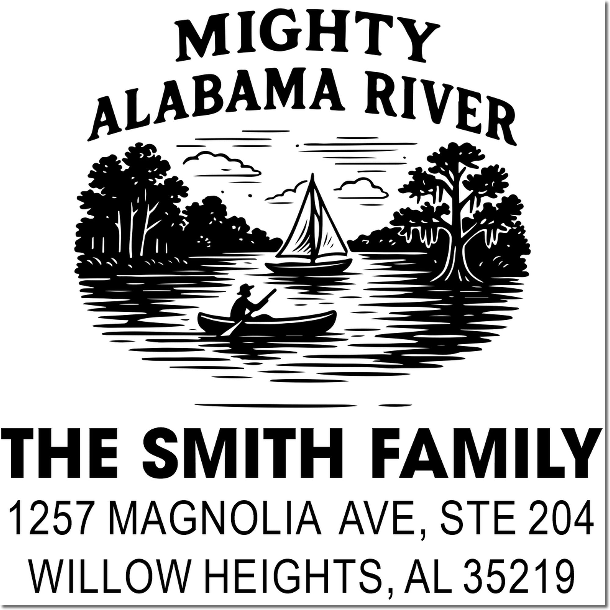 Personalized Mighty Alabama River return address stamp for The Smith Family with canoe and nature scene