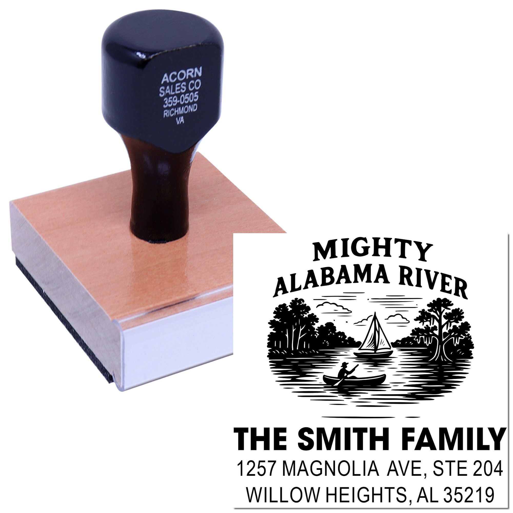 Custom rubber address stamp with Mighty Alabama River family design and return address imprint for The Smith Family