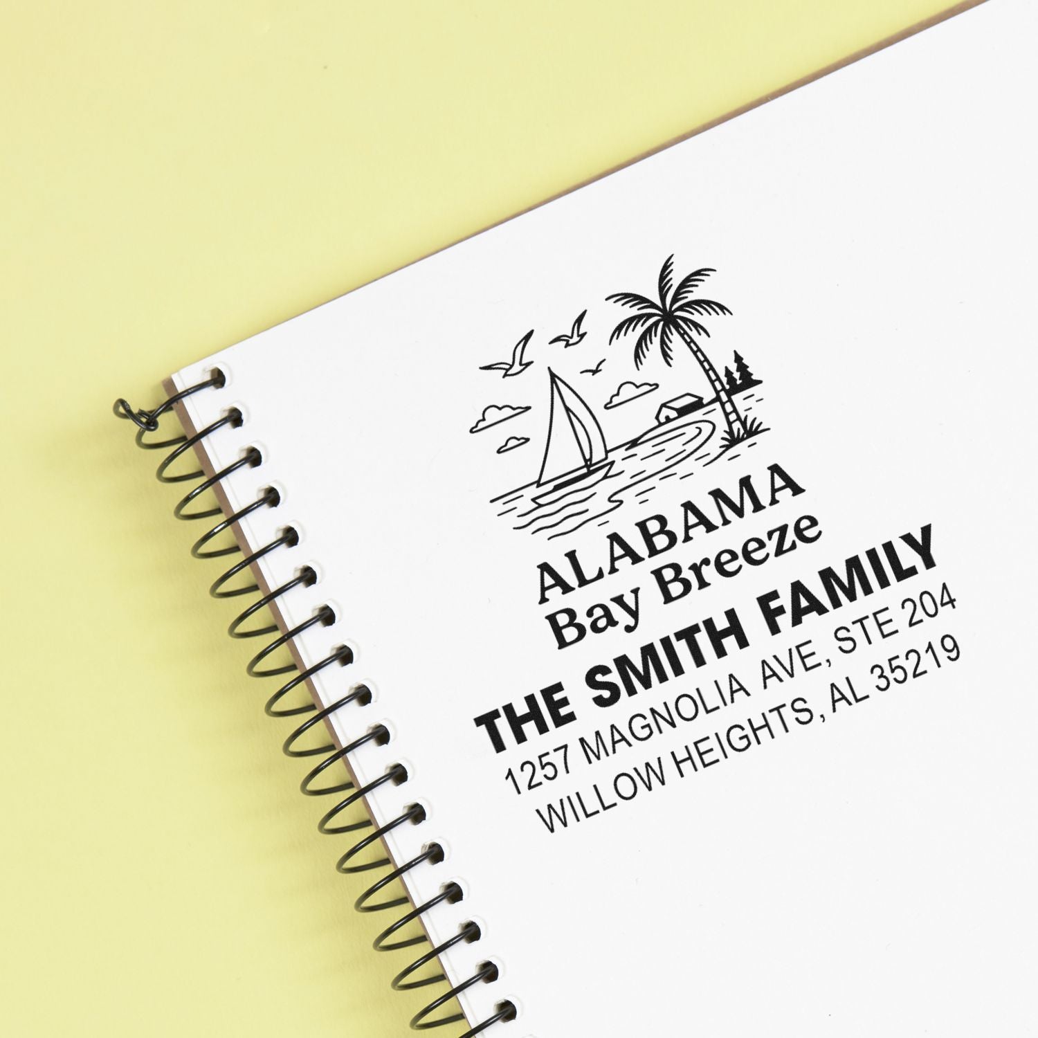 Custom return address rubber stamp on notebook, featuring sailboat logo and family address for Alabama Bay Breeze.