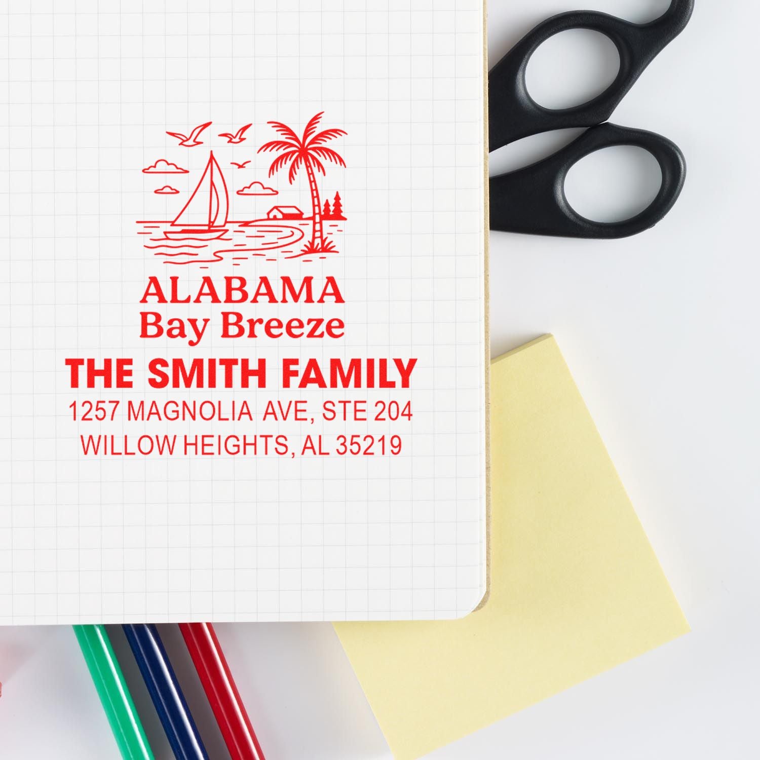 Custom Alabama Bay Breeze return address rubber stamp for The Smith Family envelopes and stationery.
