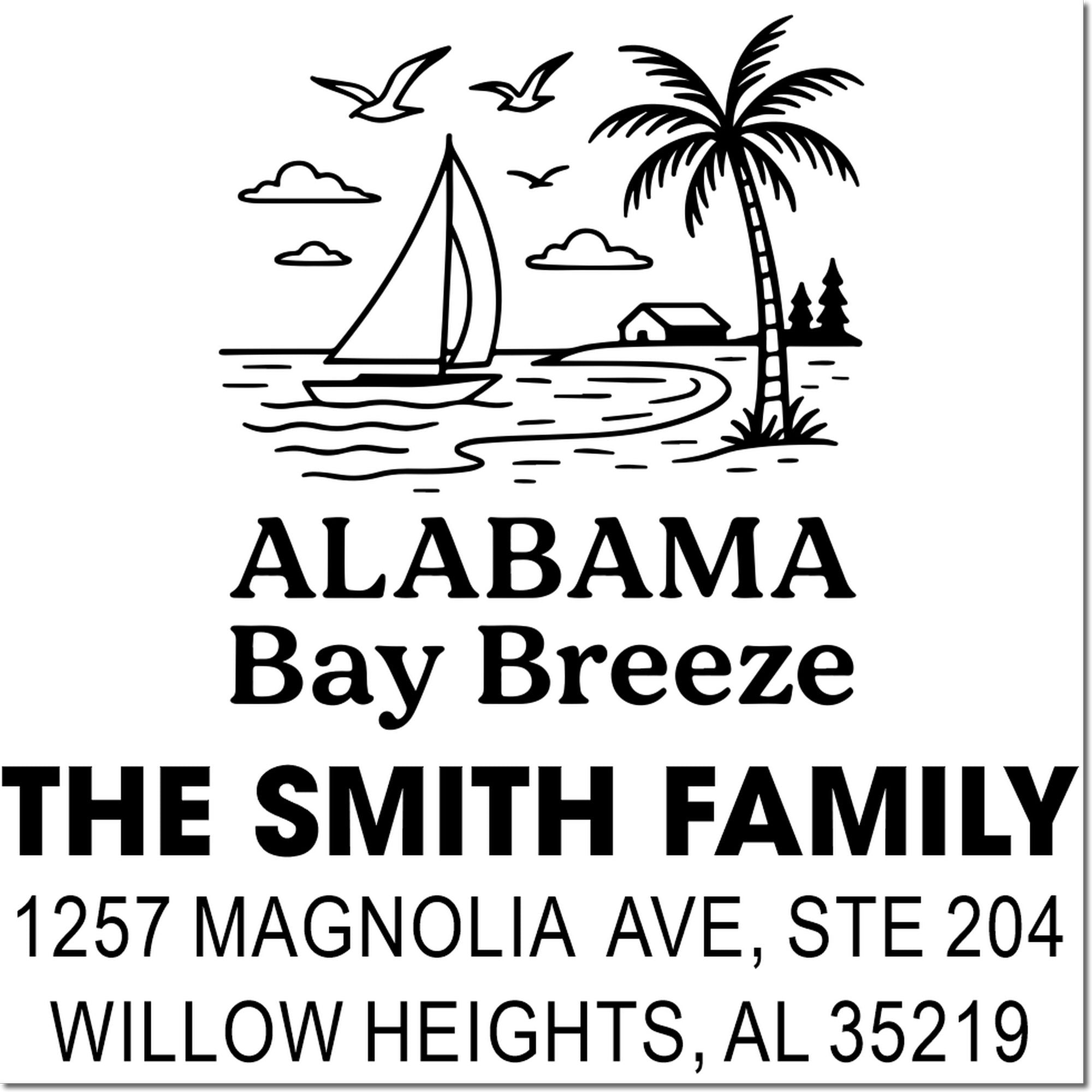 Personalized Alabama Bay Breeze family return address rubber stamp with sailboat, palm tree, and Willow Heights, AL address.
