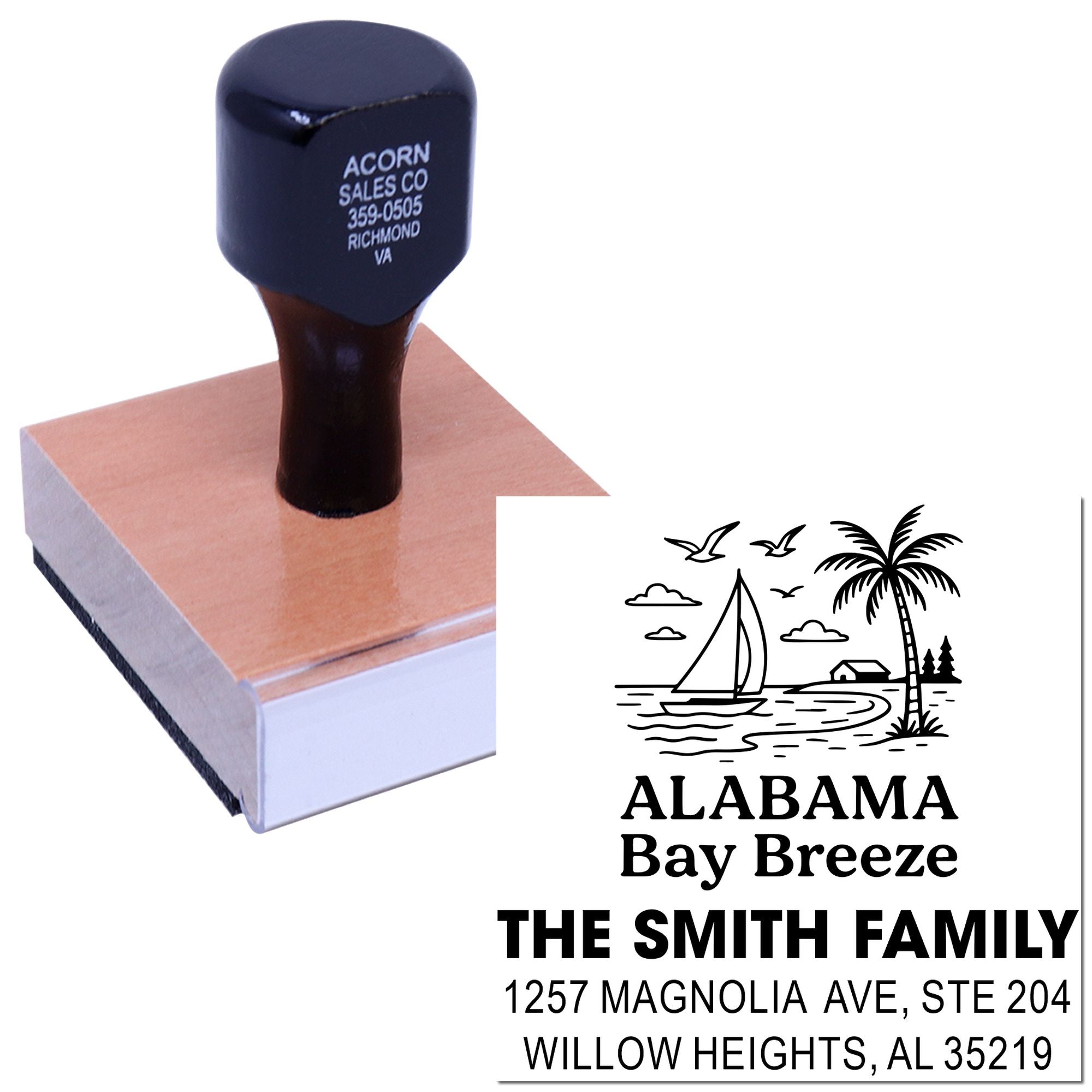 Personalized rubber address stamp with Alabama Bay Breeze family return address design and sample impression.