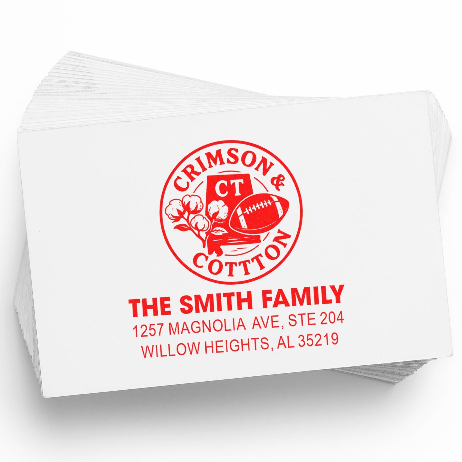 Custom rubber address stamp for The Smith Family featuring Crimson & Cotton logo and return address.