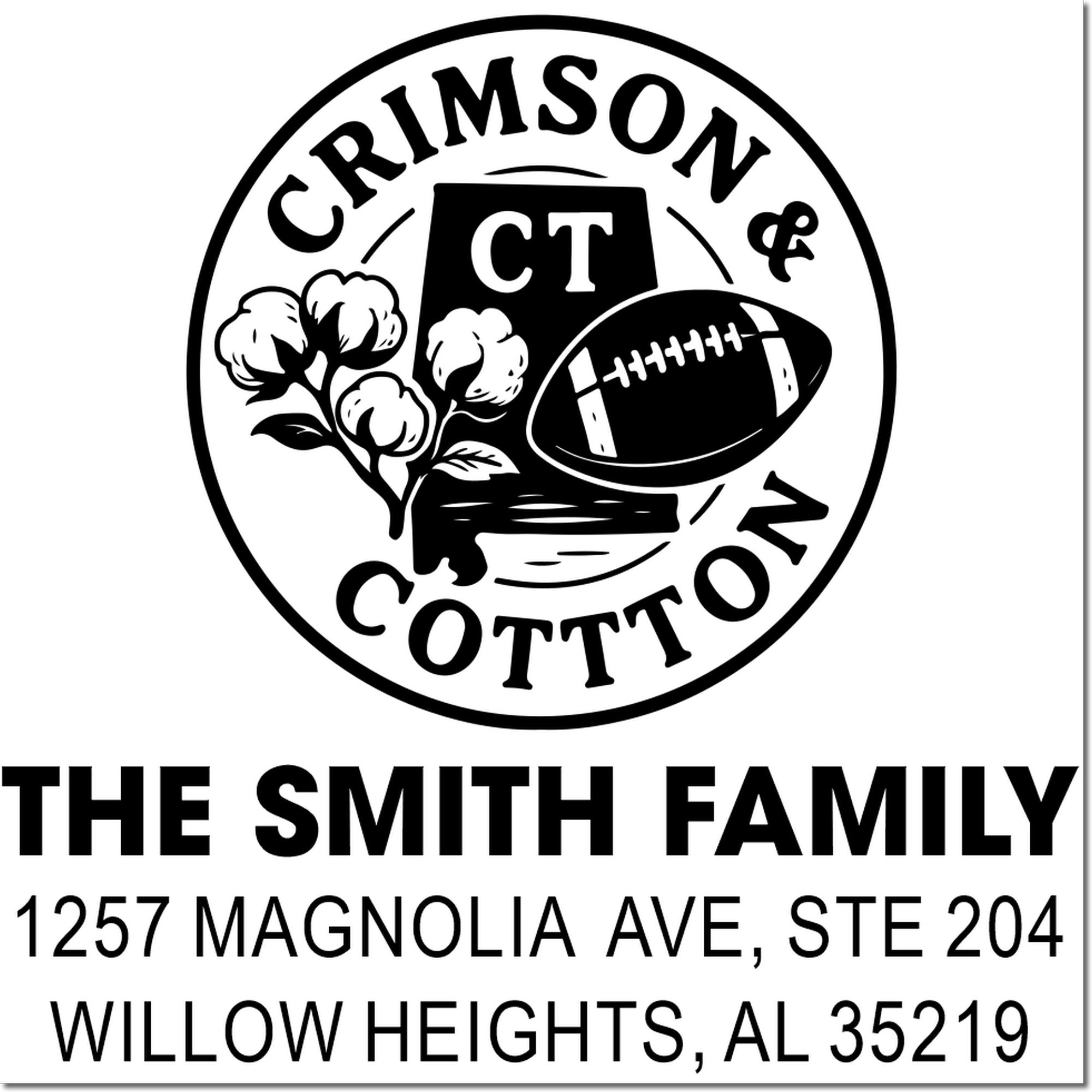 Custom Crimson Cotton return address stamp for The Smith Family, with football logo and Willow Heights, AL address.