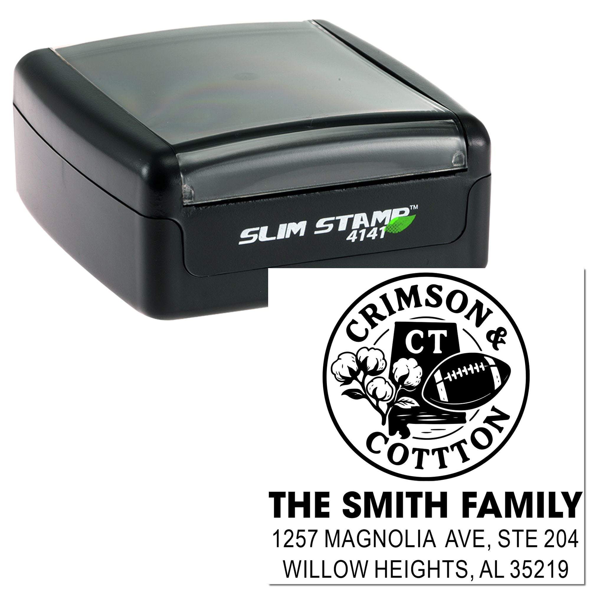 Custom self-inking rubber stamp with football-themed family address design for personalized mailing and return labels