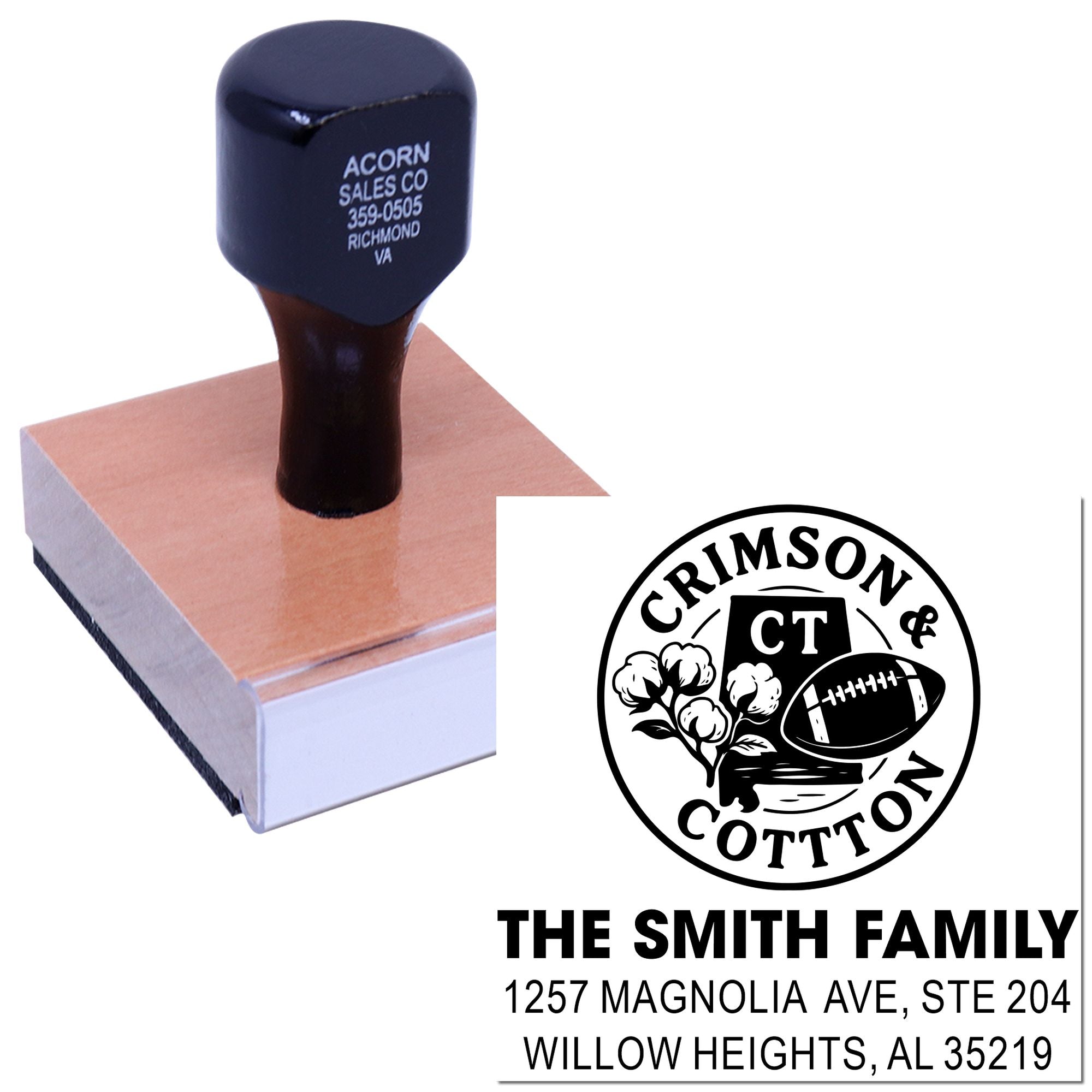 Custom rubber stamp with family football logo and address, ideal for personalized business or home mailing and branding.
