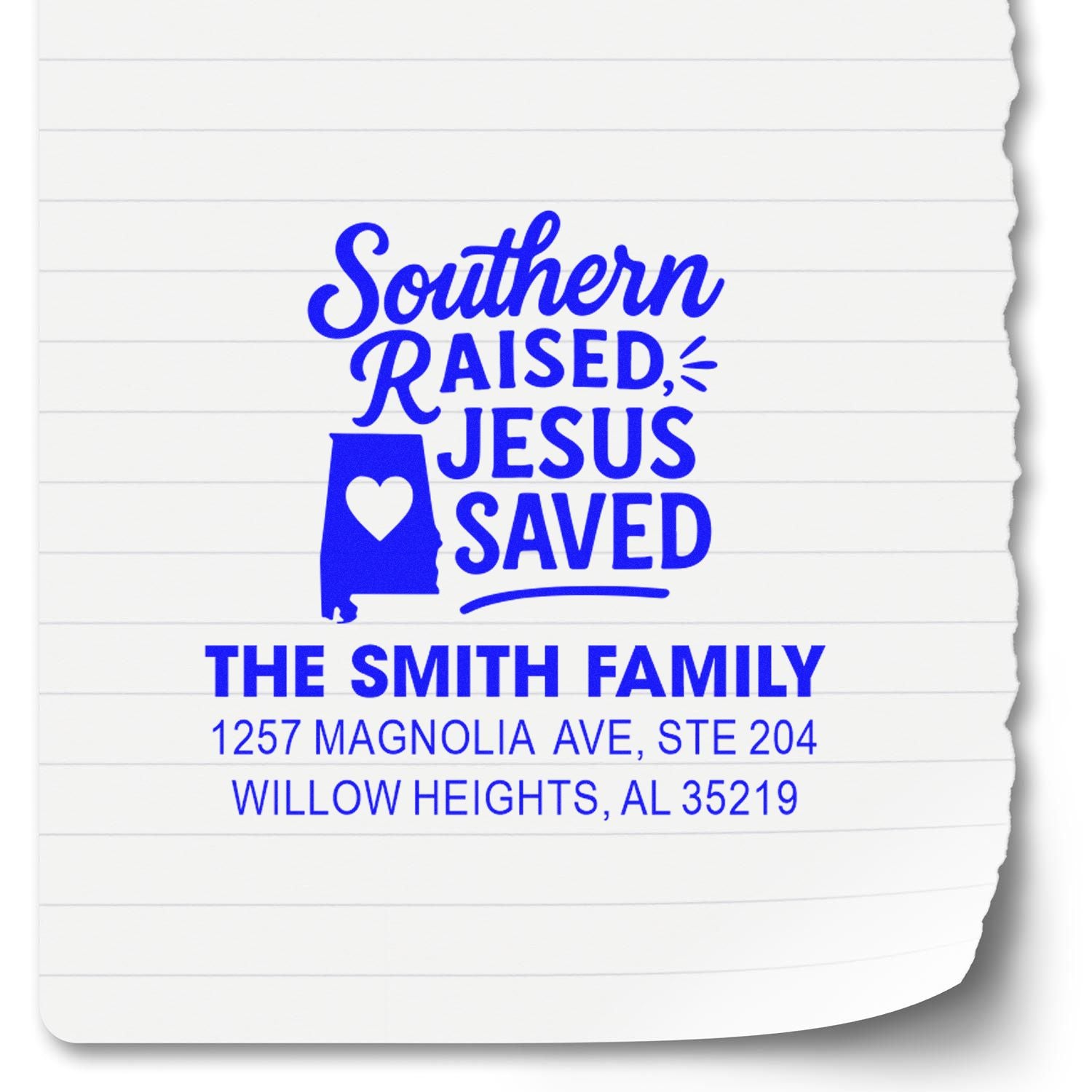 Custom Southern Raised, Jesus Saved rubber address stamp for The Smith Family with Alabama heart icon and return address.