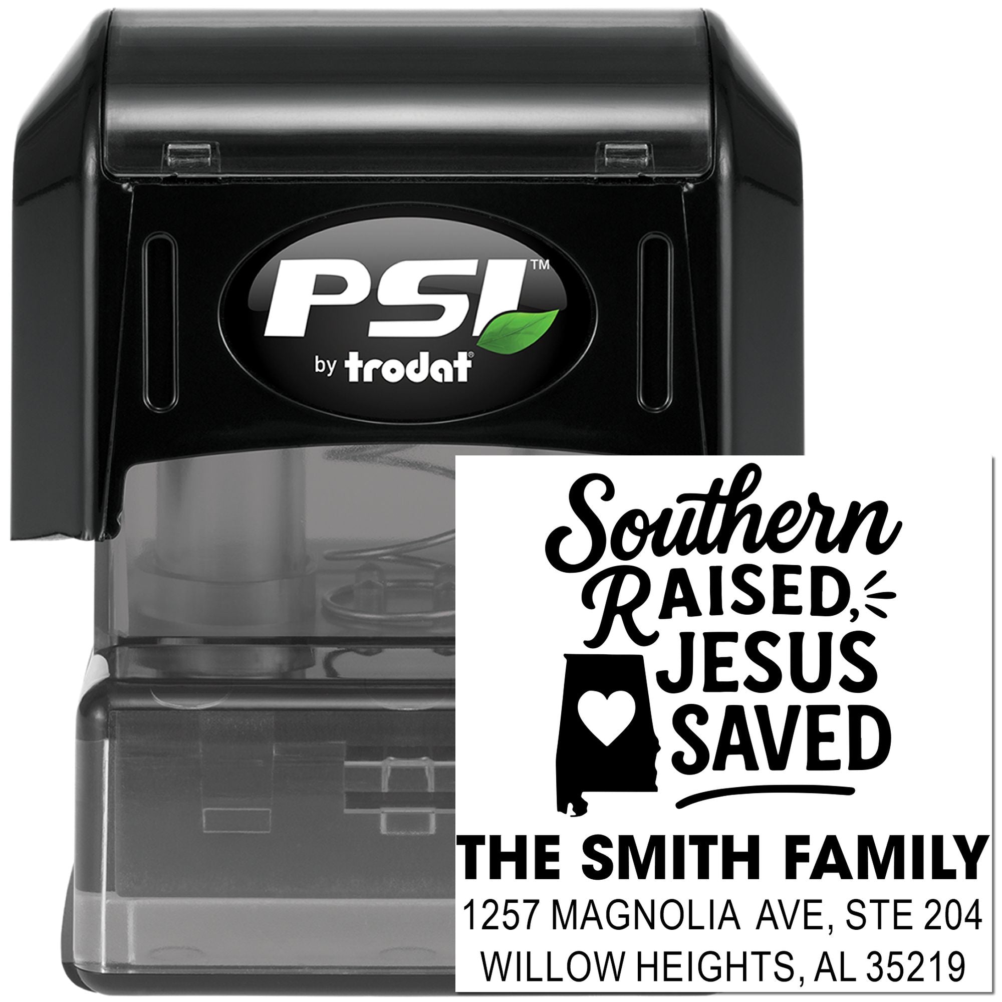 Custom self-inking rubber stamp for The Smith Family, featuring Southern Raised, Jesus Saved and personalized address imprint.