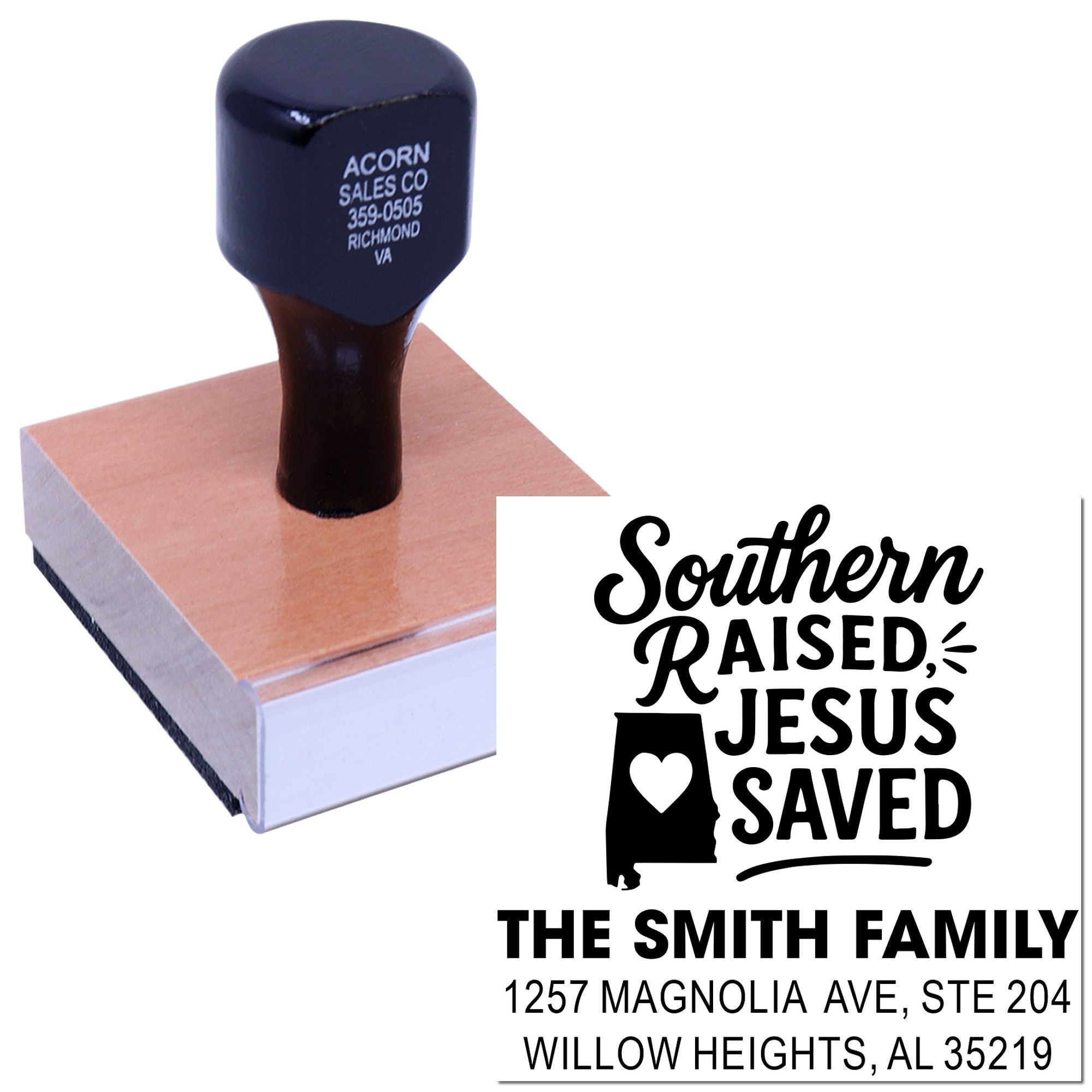 Custom rubber stamp for The Smith Family featuring Southern Raised, Jesus Saved and return address.