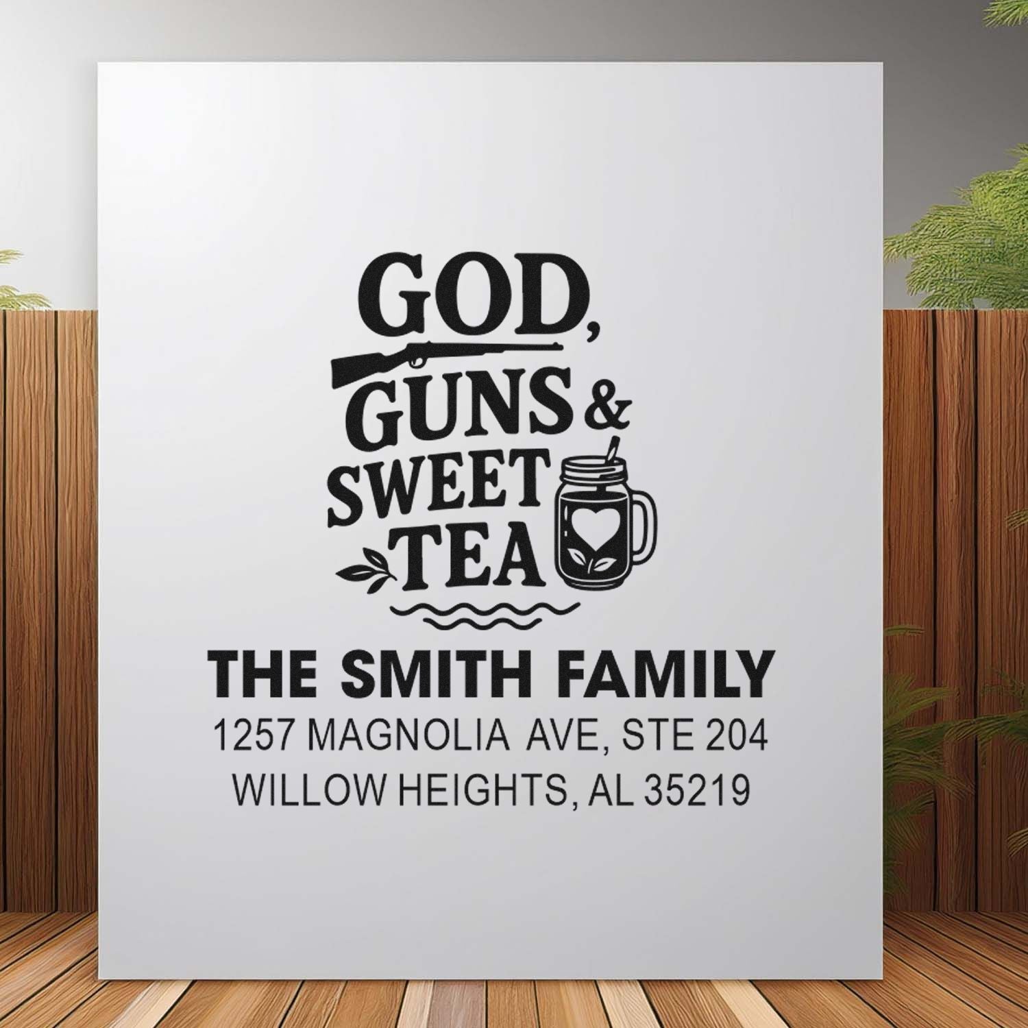 Custom rubber stamp design with God, Guns & Sweet Tea, Smith Family name, and return address for personalized mailing.