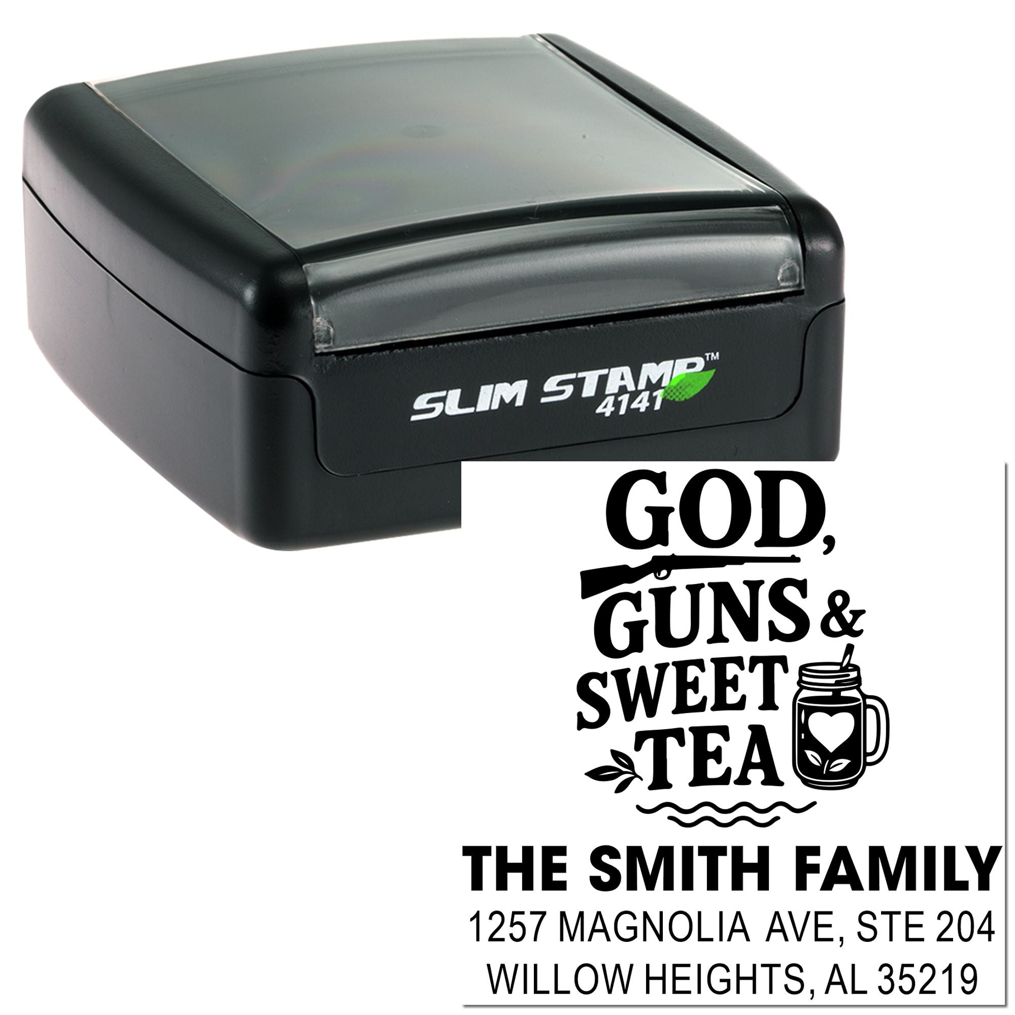 Personalized Slim Stamp rubber address stamp with God, Guns & Sweet Tea family return address design.